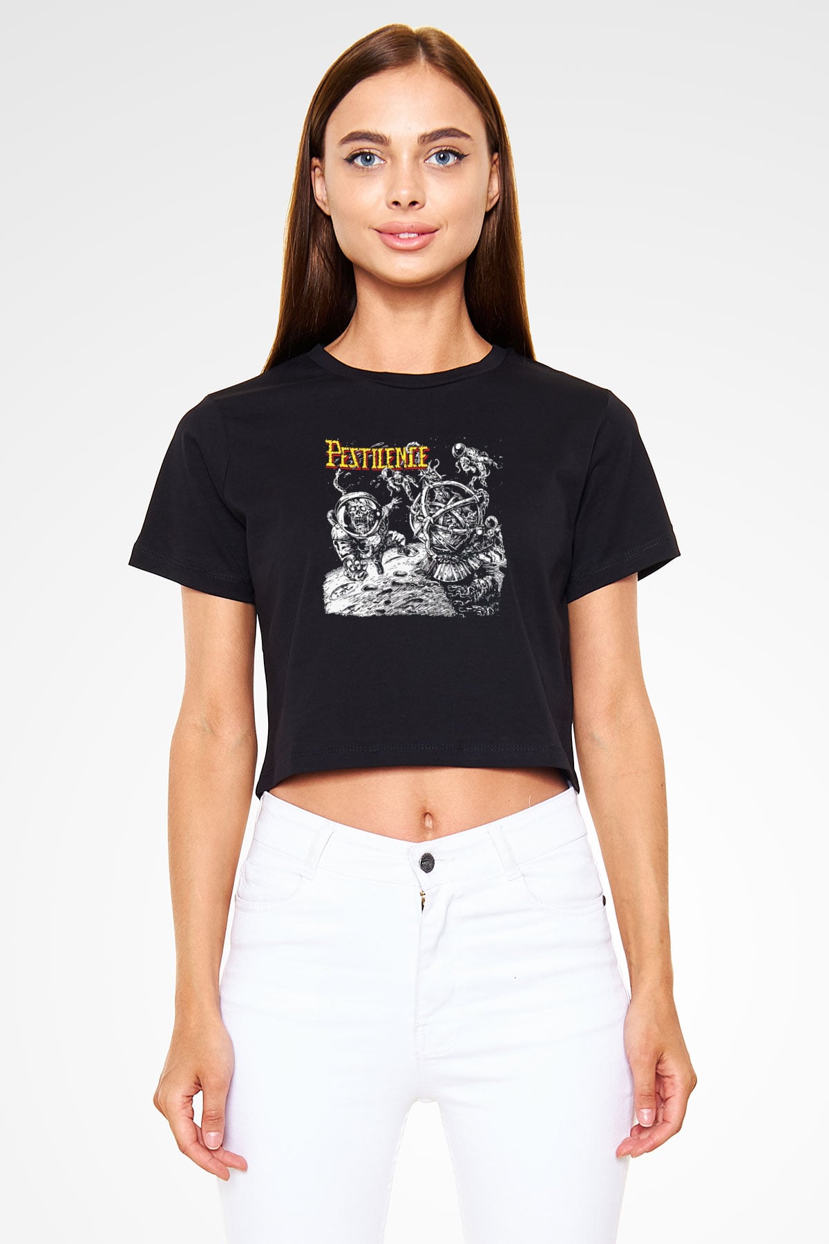 Pestilence Baskılı Siyah Crop Top Kadın Tişört - Tshirt