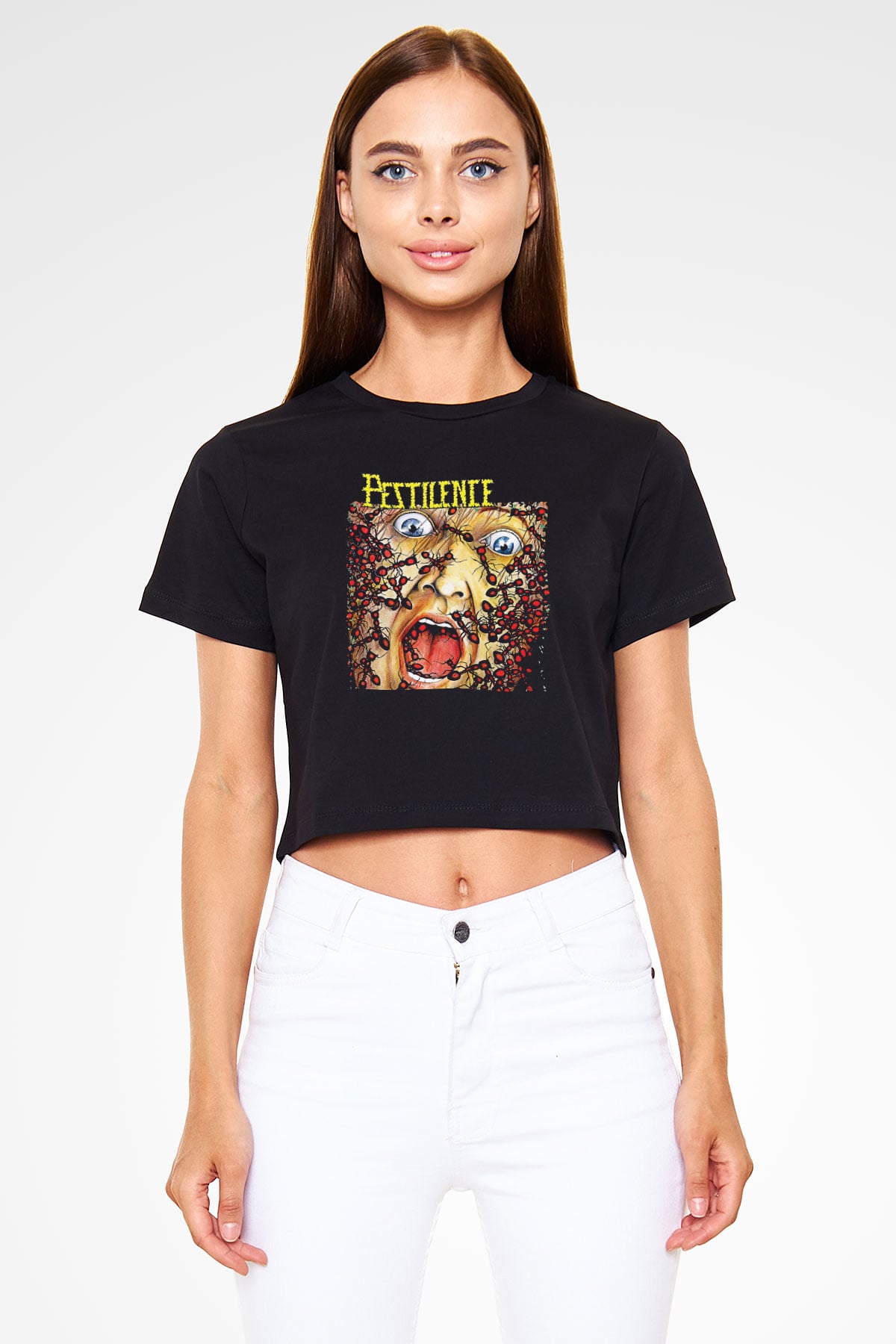 Pestilence Baskılı Siyah Crop Top Kadın Tişört - Tshirt