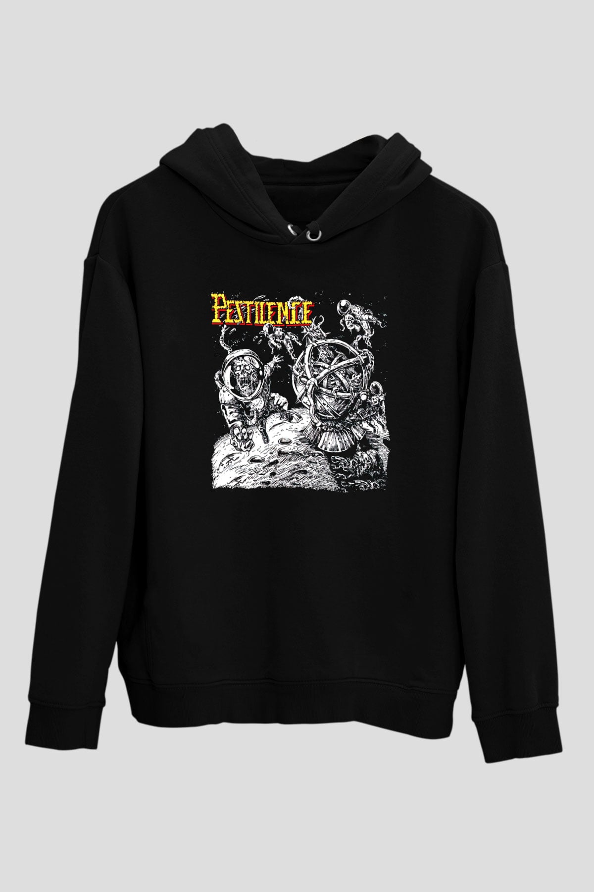 Pestilence Baskılı Unisex Siyah Kapüşonlu Sweatshirt