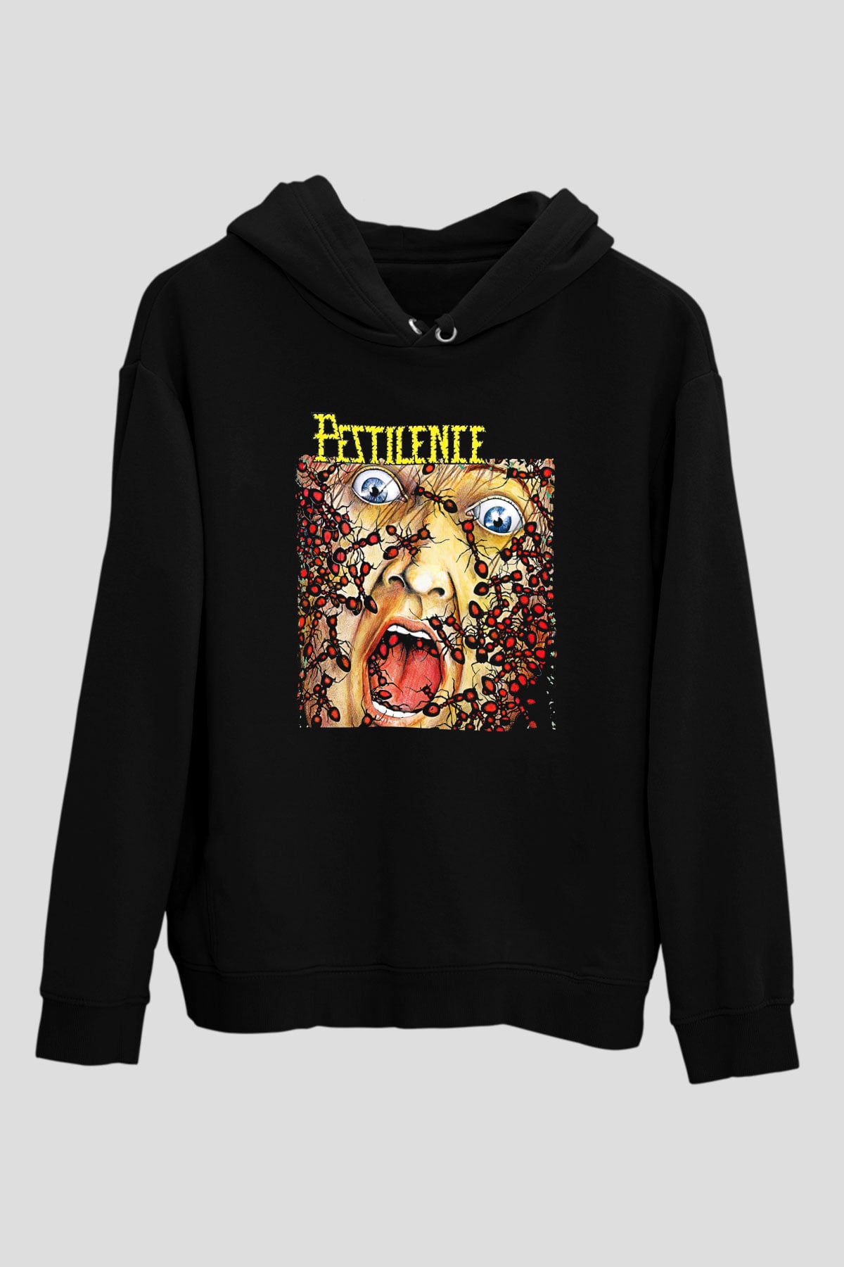 Pestilence Baskılı Unisex Siyah Kapüşonlu Sweatshirt