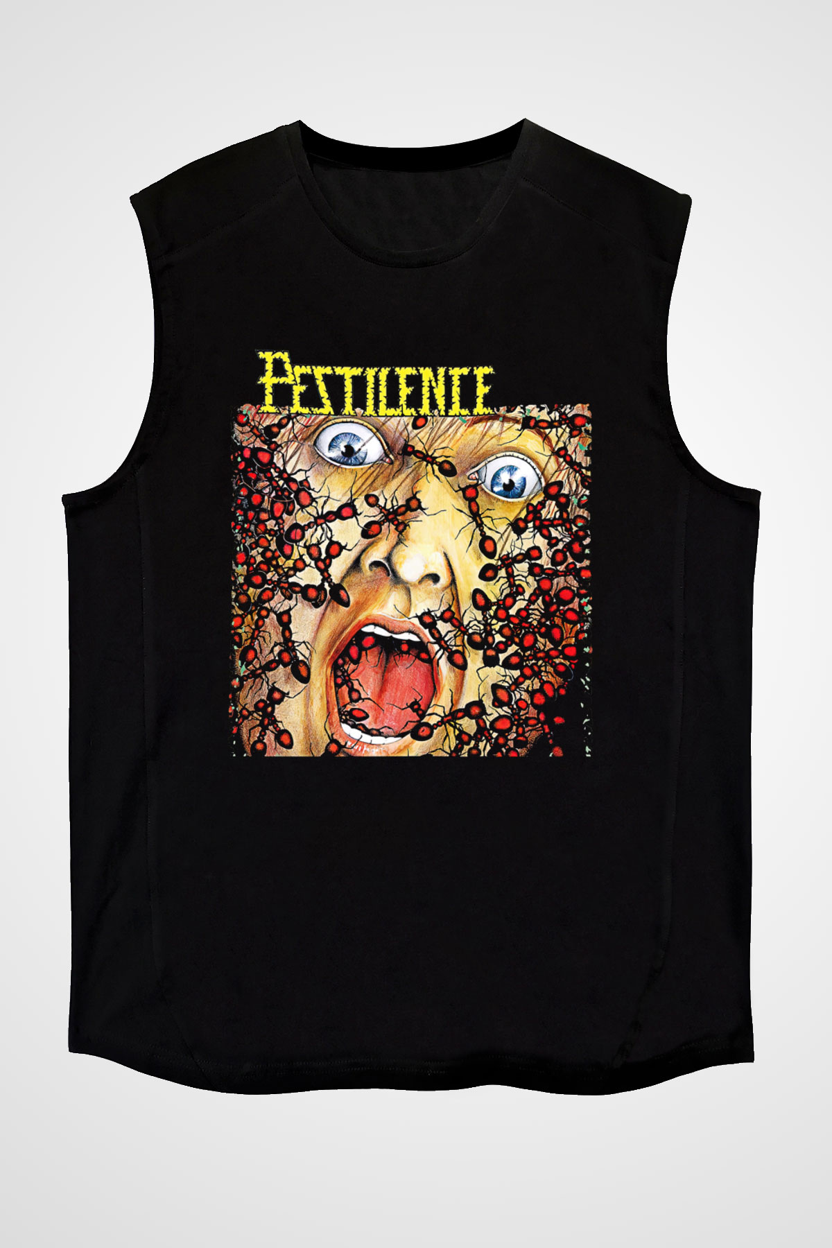 Pestilence Baskılı Unisex Siyah Kolsuz Tişört - Tshirt