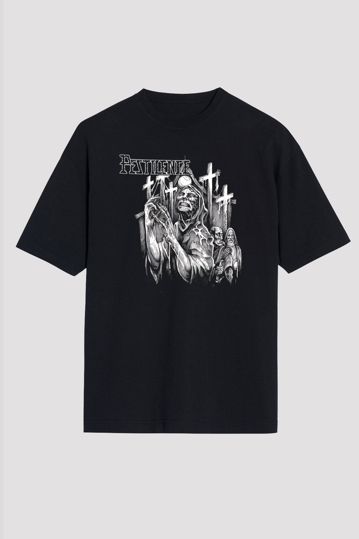 Pestilence Baskılı Unisex Siyah Oversize Tişört - Tshirt