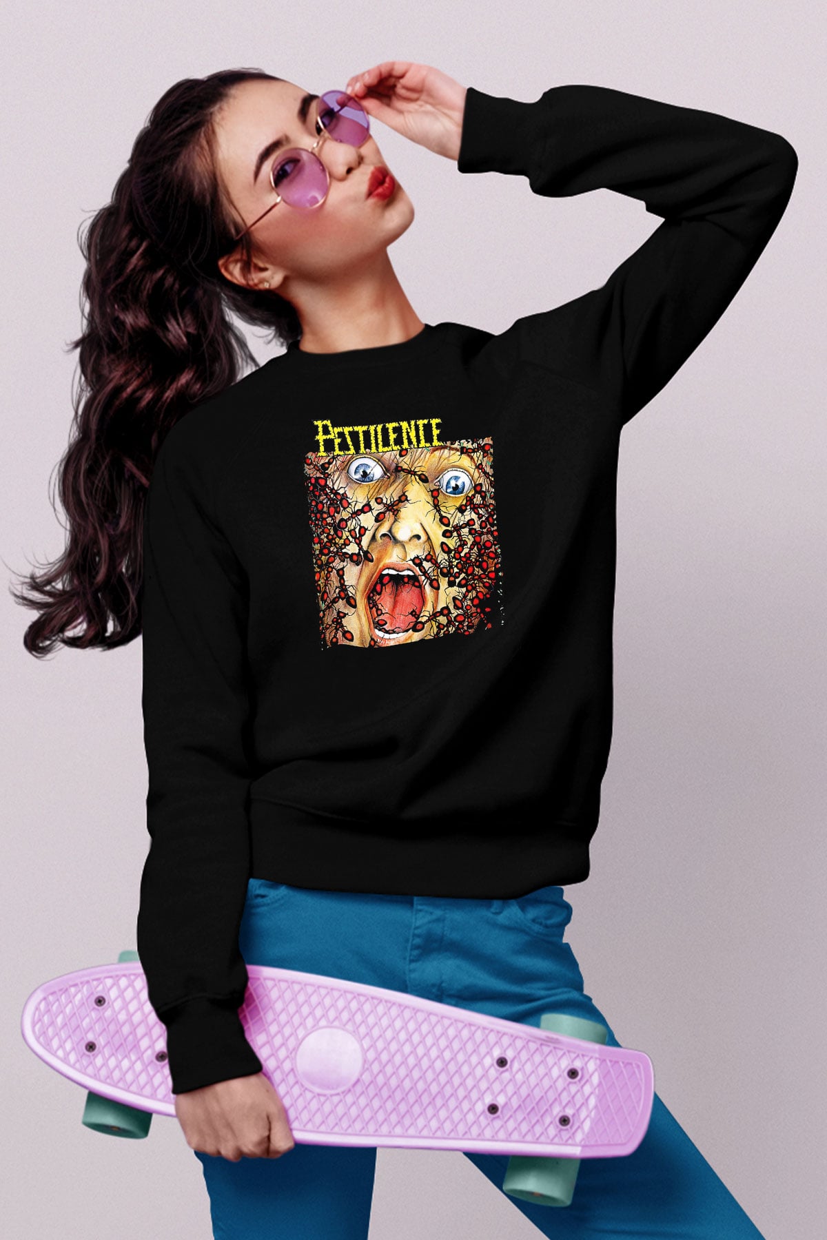 Pestilence Baskılı Unisex Siyah Sweatshirt