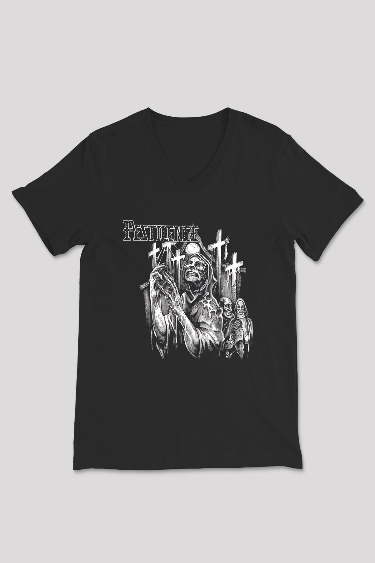 Pestilence Baskılı Unisex Siyah V Yaka Tişört - Tshirt
