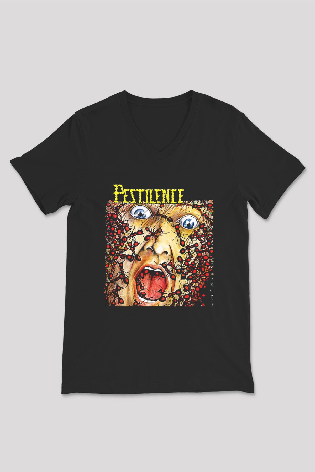 Pestilence Baskılı Unisex Siyah V Yaka Tişört - Tshirt
