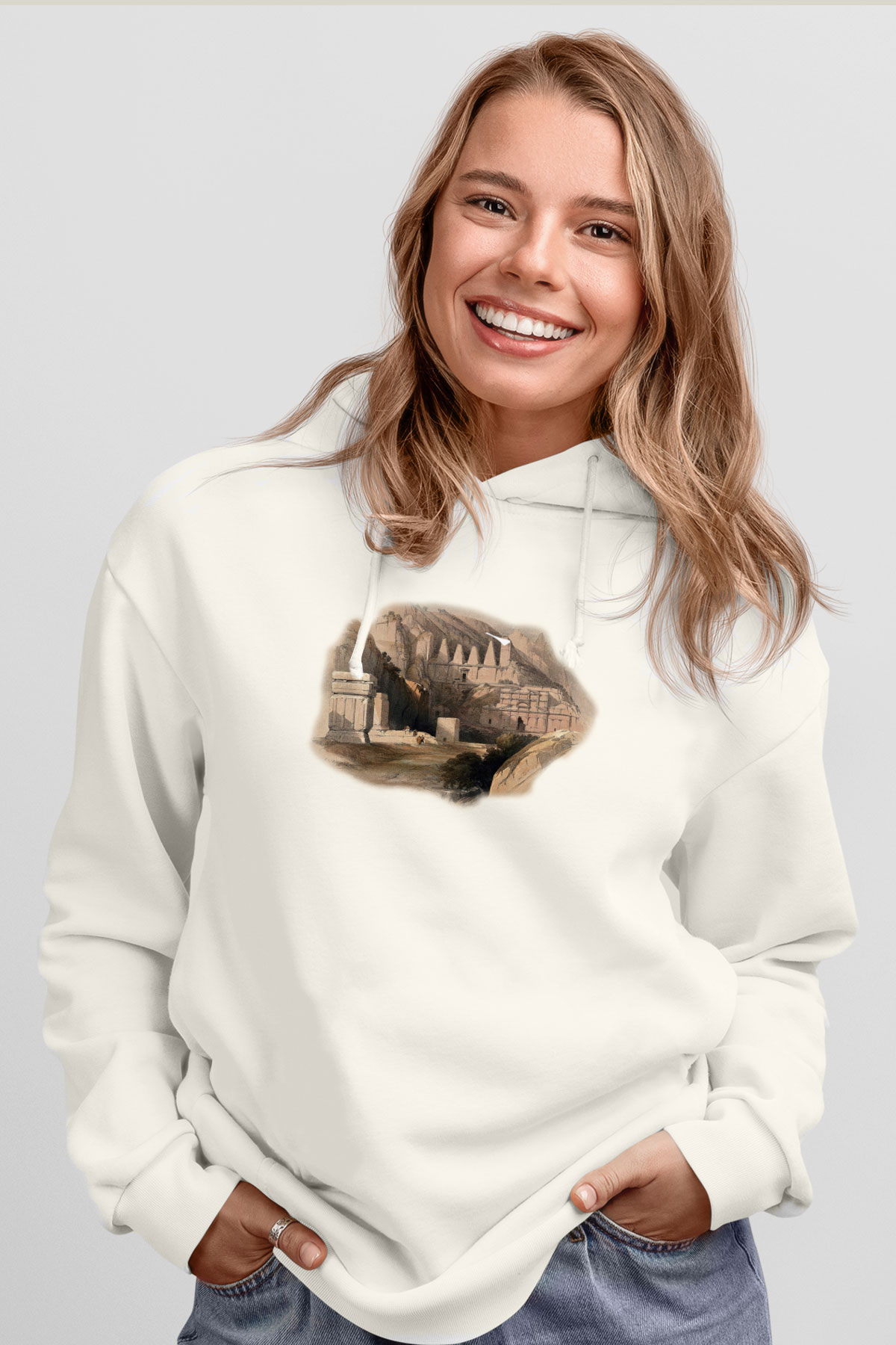 Petra Beyaz Unisex Kapşonlu Sweatshirt