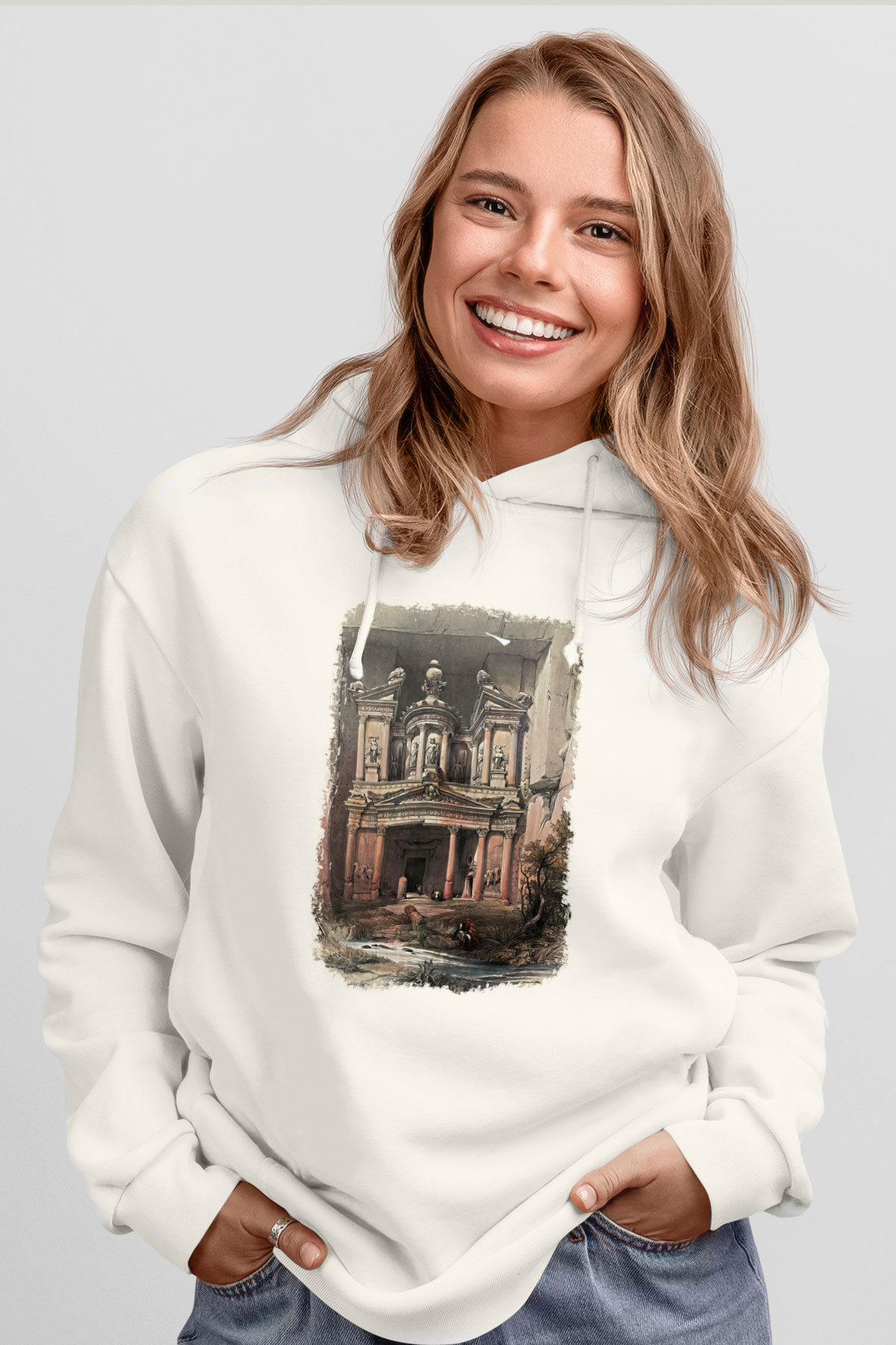 Petra Beyaz Unisex Kapşonlu Sweatshirt