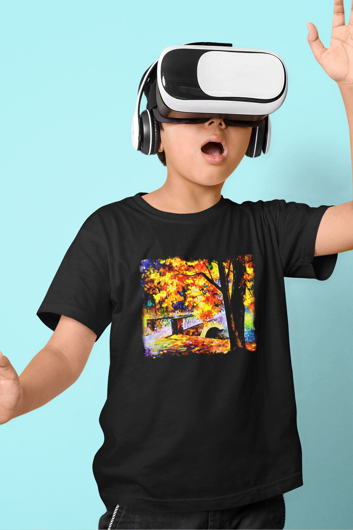 Peyzaj Baskılı Siyah Unisex Çocuk Tişört