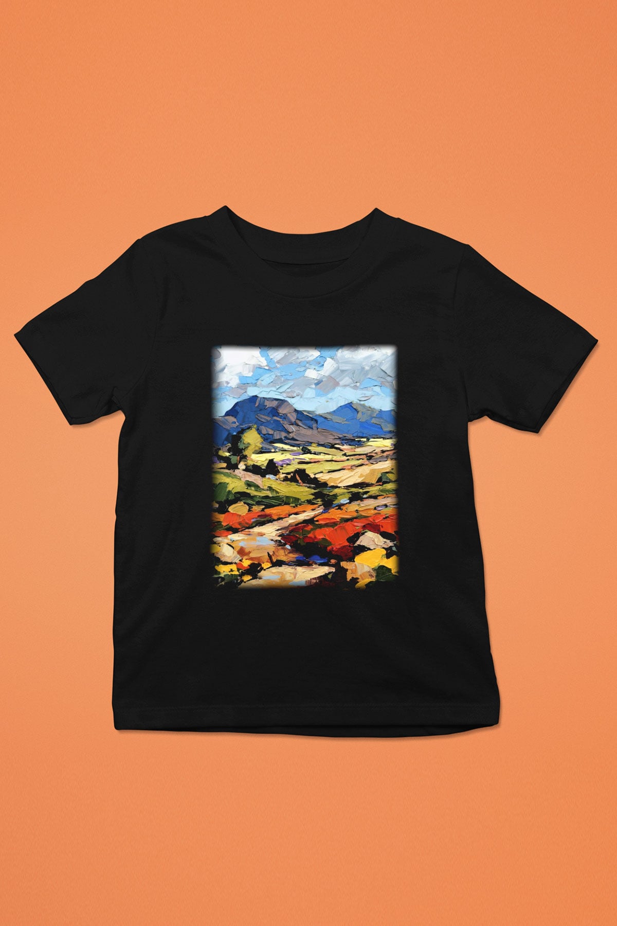 Peyzaj Baskılı Siyah Unisex Çocuk Tişört
