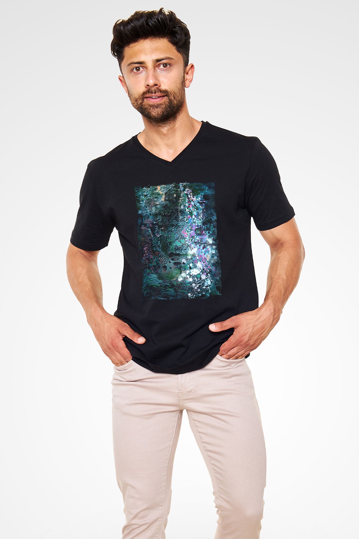 Peyzaj Siyah Unisex V Yaka Tişört