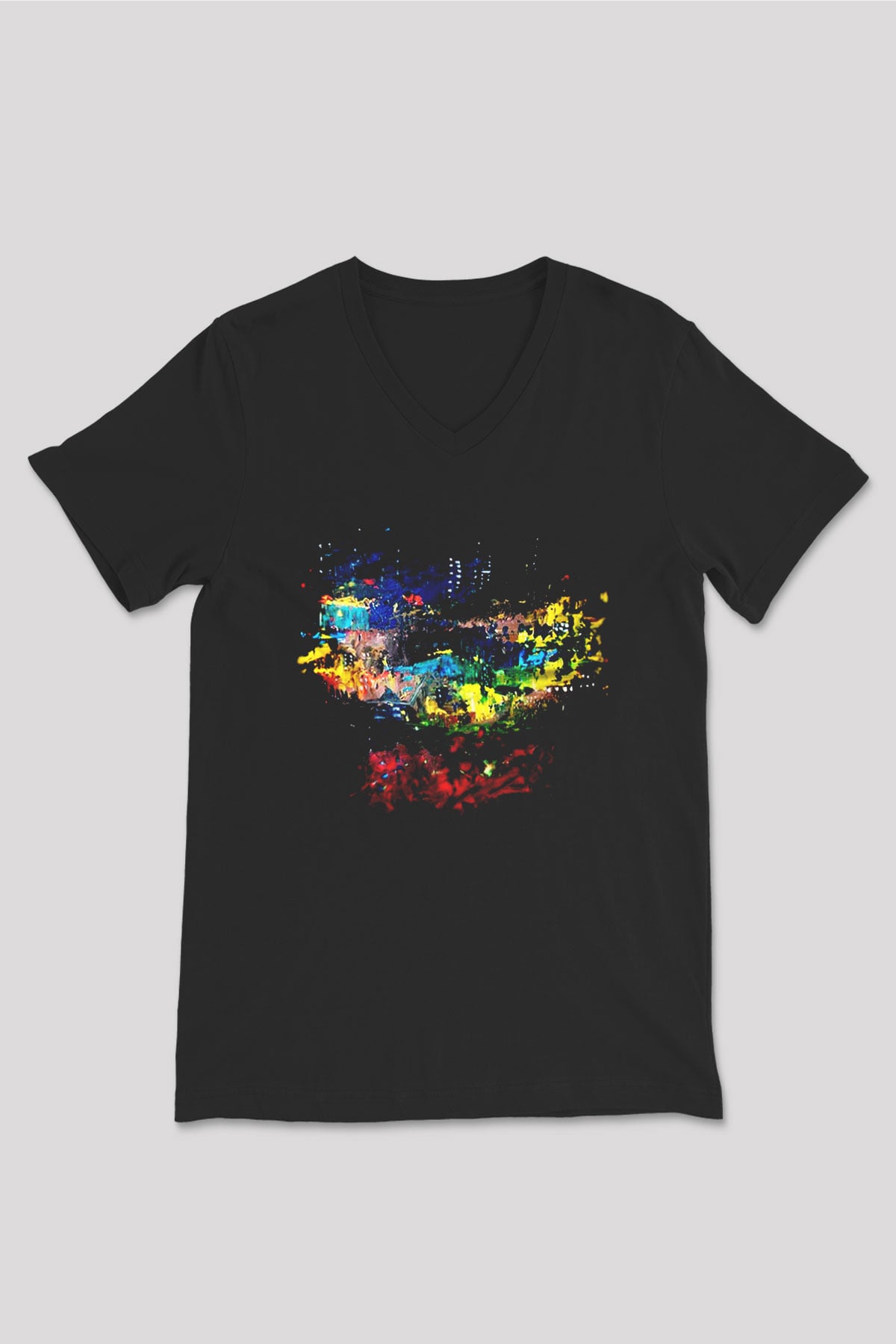 Peyzaj Siyah Unisex V Yaka Tişört T-Shirt