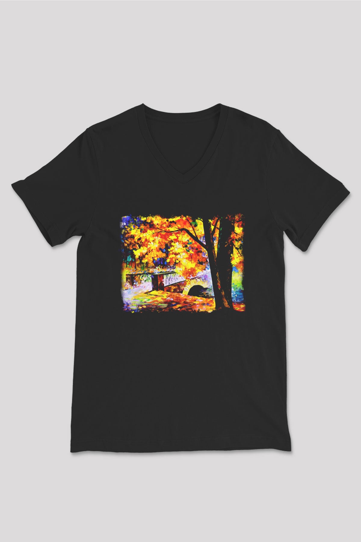 Peyzaj Siyah Unisex V Yaka Tişört T-Shirt