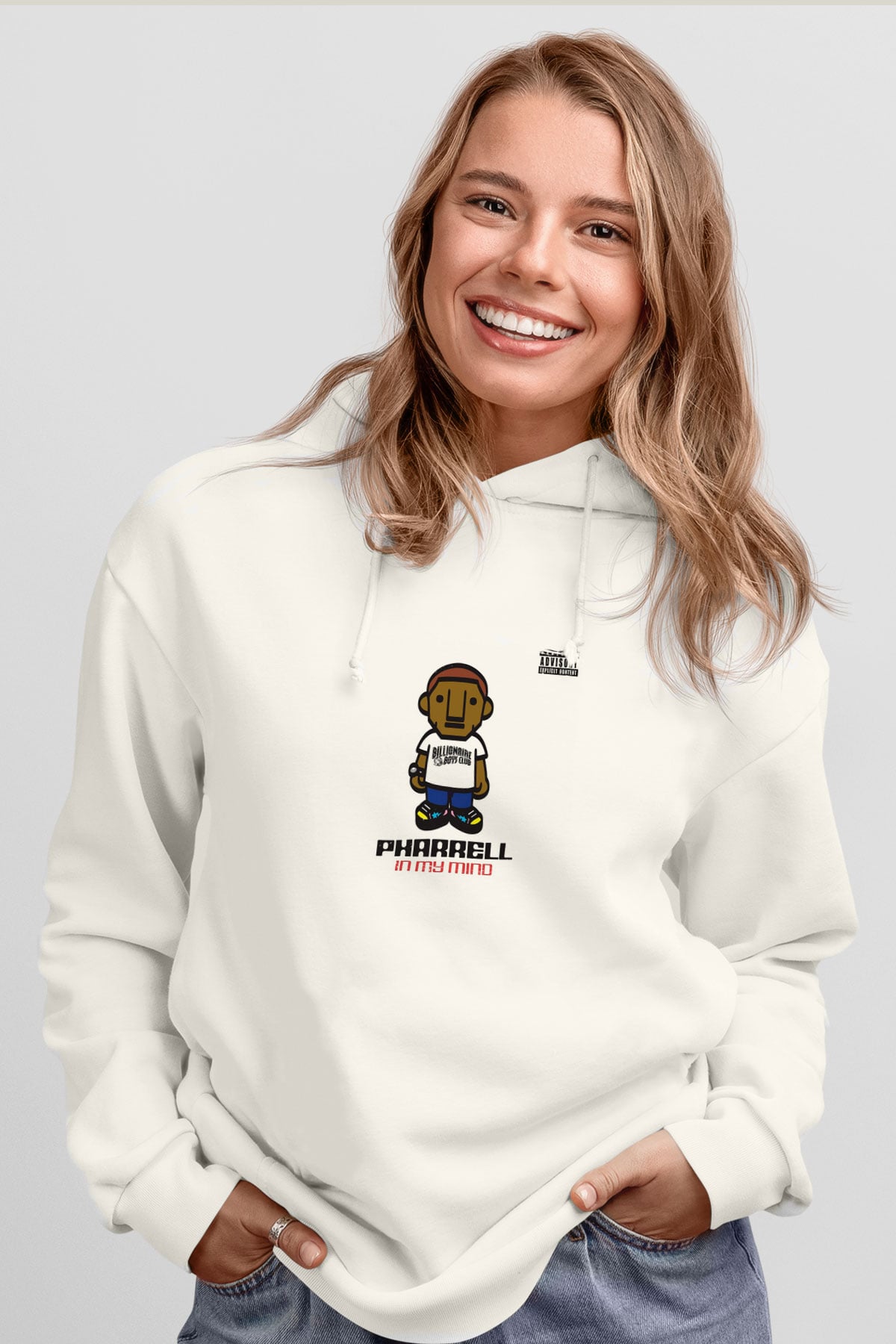Pharrell Williams Baskılı Unisex Beyaz Kapüşonlu Sweatshirt