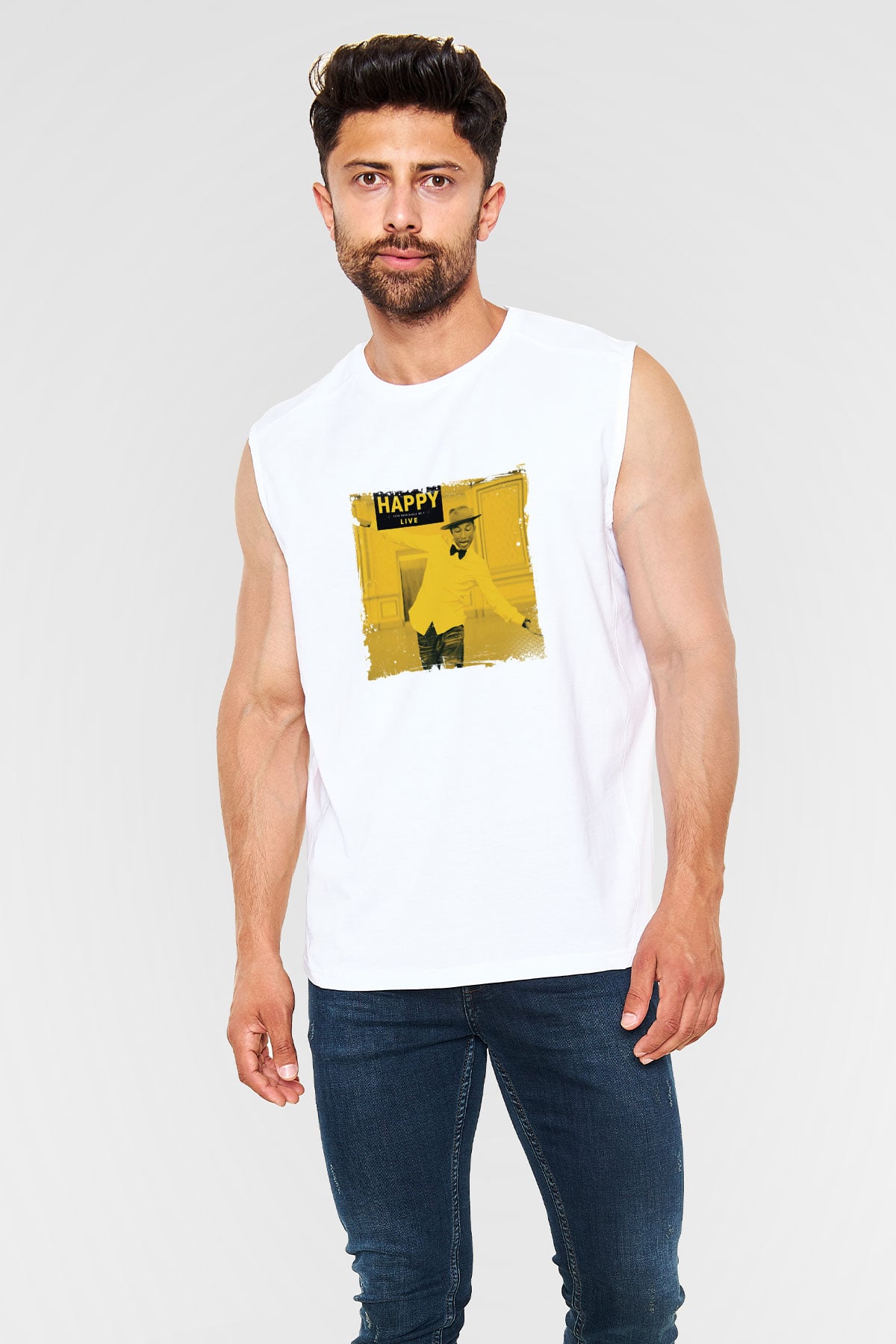 Pharrell Williams Baskılı Unisex Beyaz Kolsuz Tişört