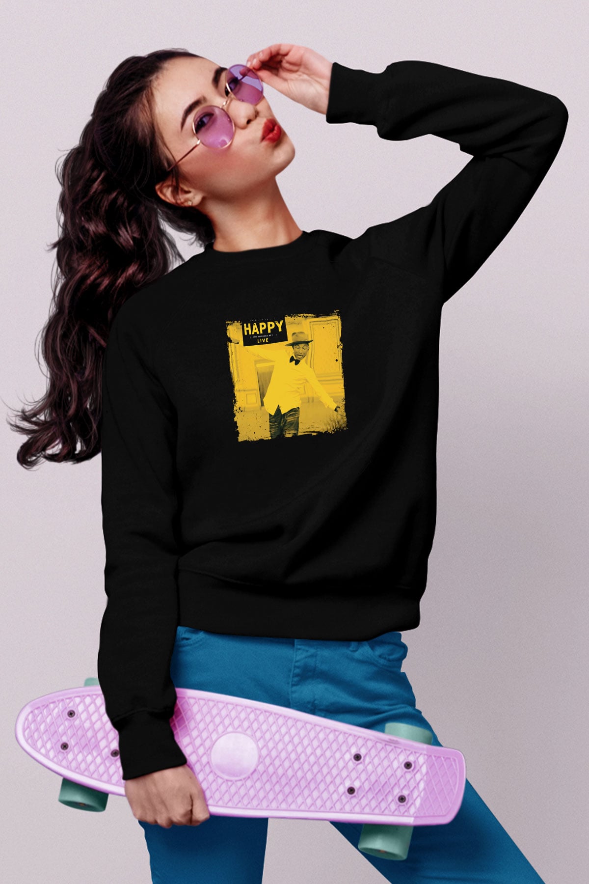 Pharrell Williams Baskılı Unisex Siyah Sweatshirt