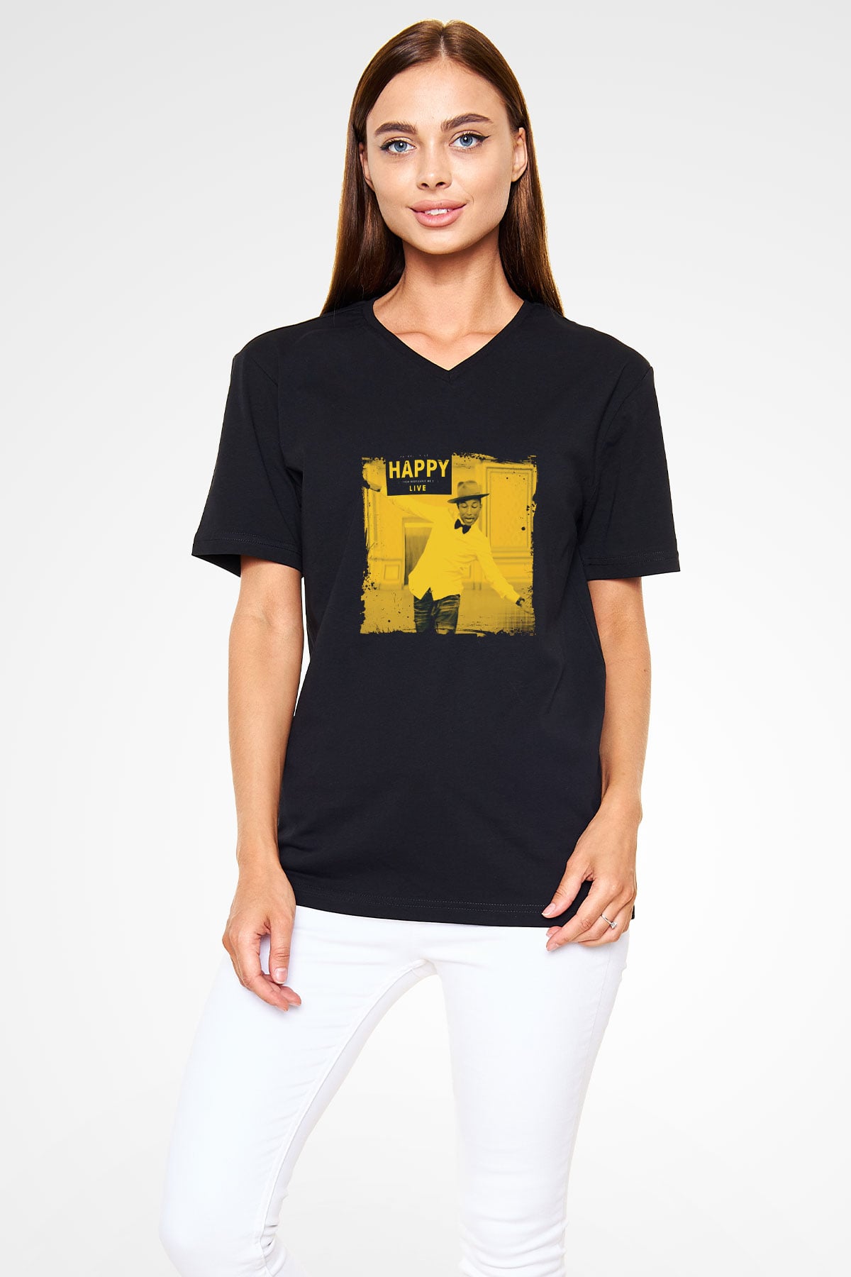 Pharrell Williams Baskılı Unisex Siyah V Yaka Tişört