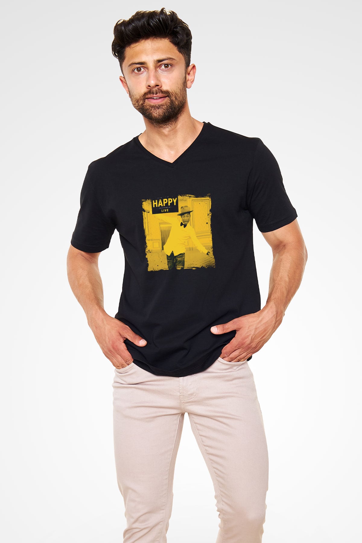 Pharrell Williams Baskılı Unisex Siyah V Yaka Tişört