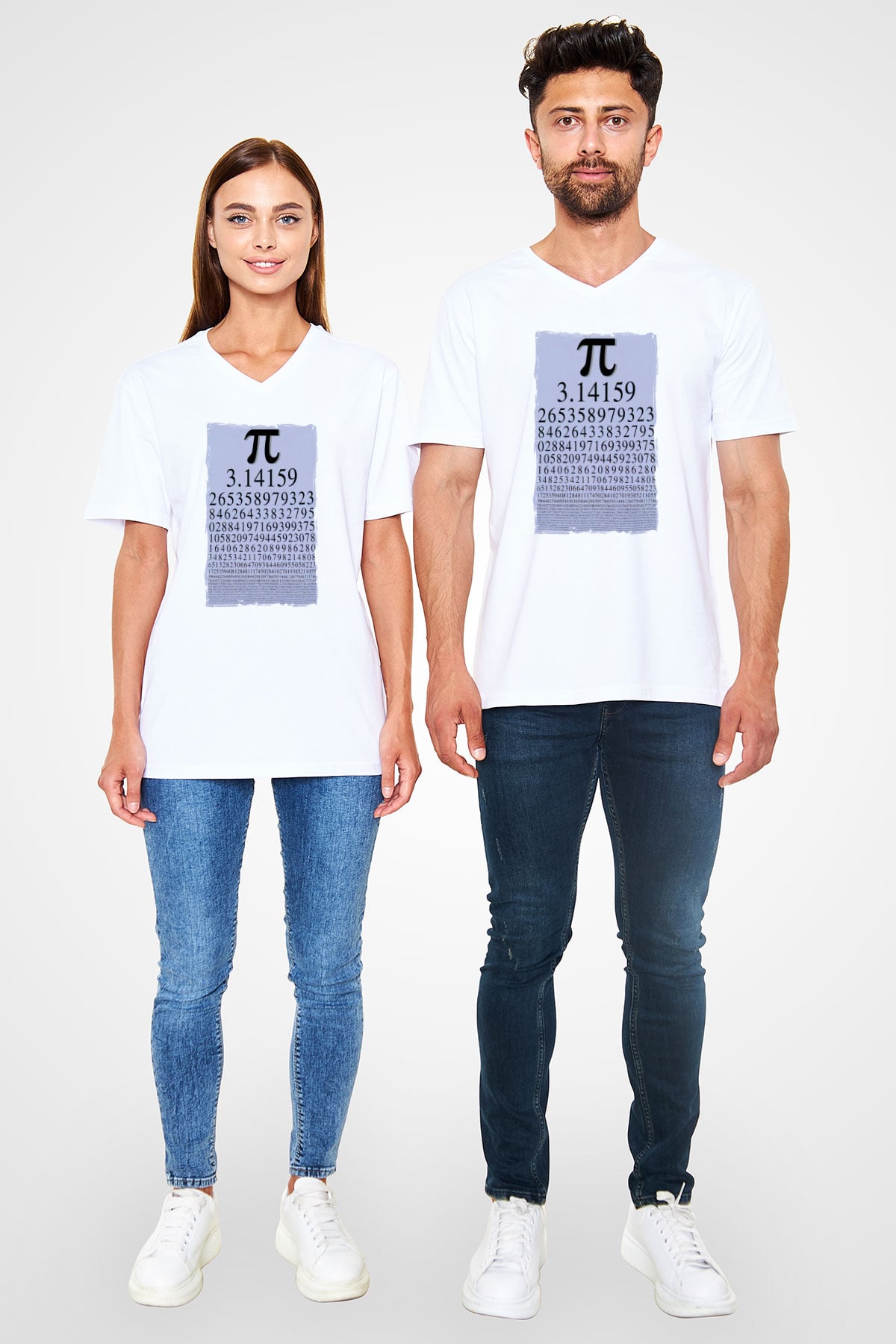 Pi Sayısı Matematik Sabiti Baskılı Unisex Beyaz V Yaka Tişört