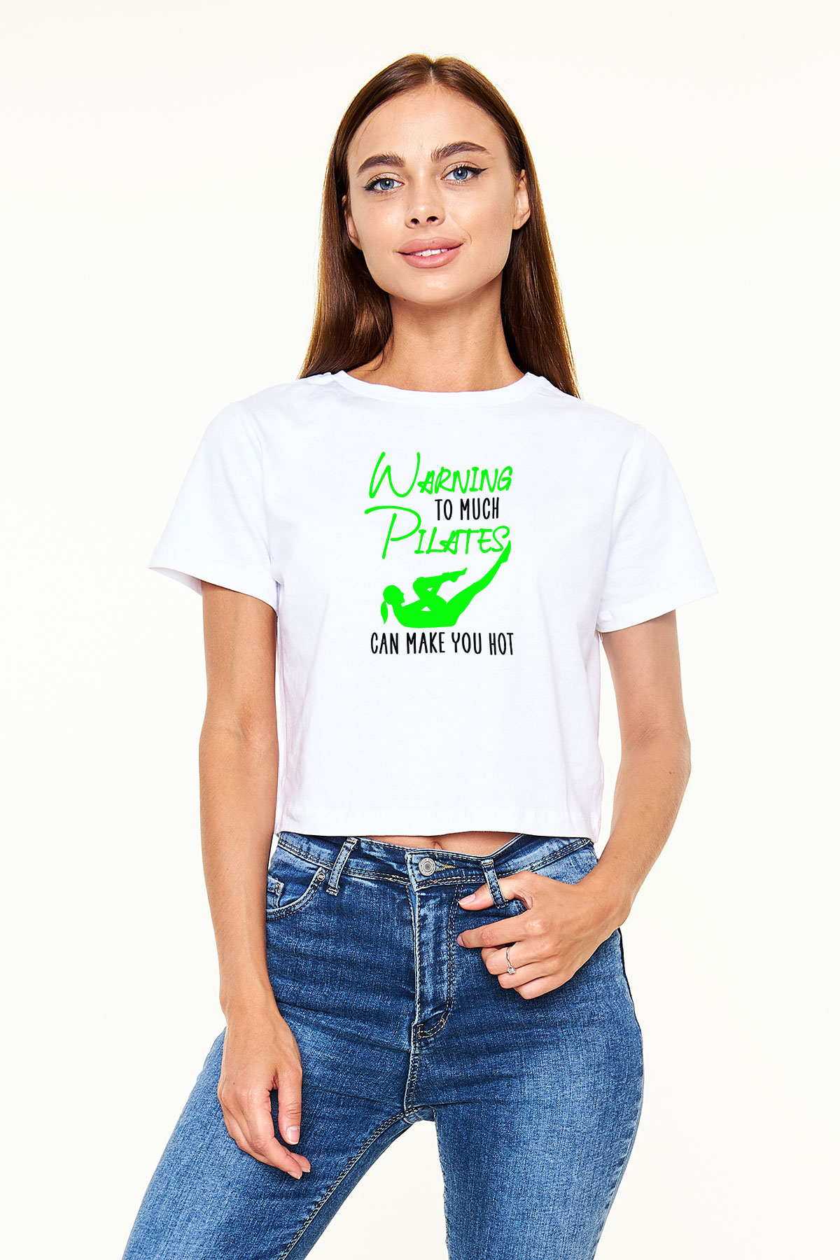 Pilates Baskılı Crop Top Beyaz Tişört - T-shirt