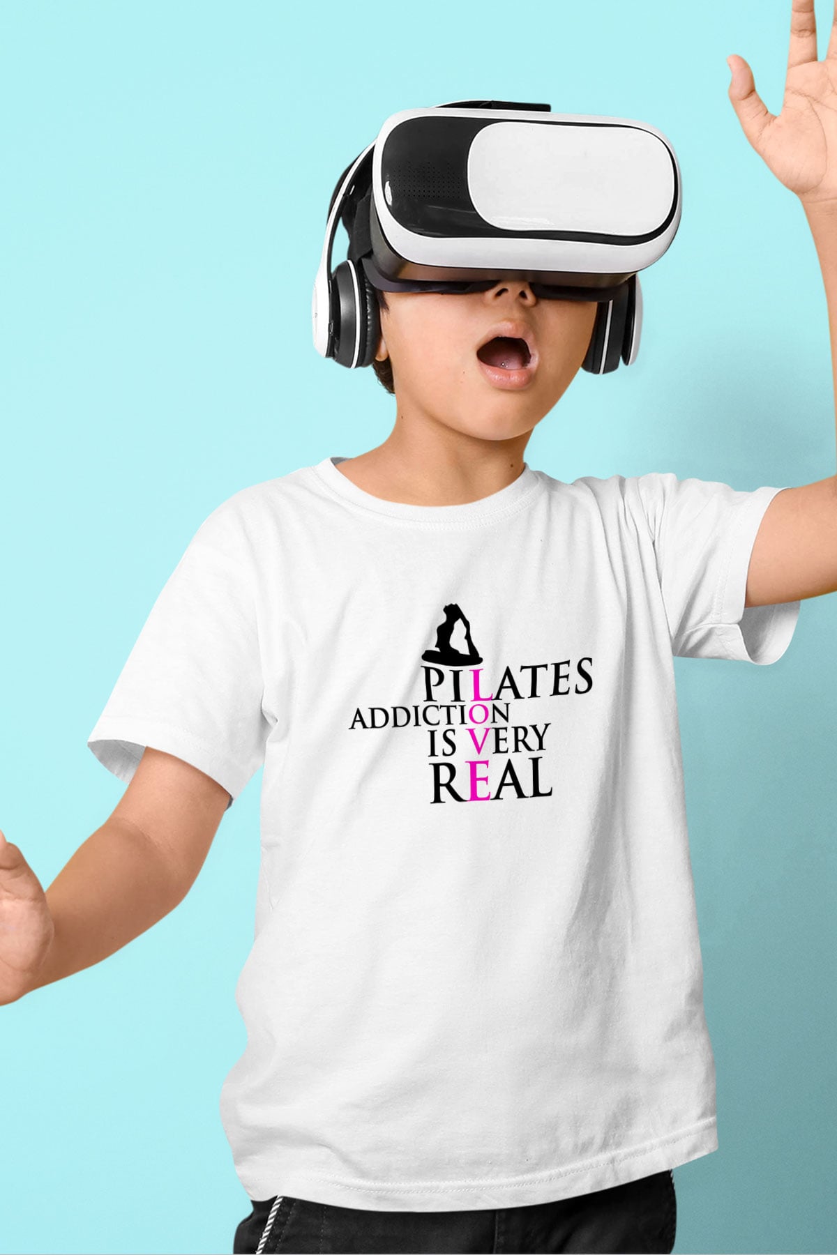 Pilates Baskılı Unisex Beyaz Çocuk Tişört - Tshirt