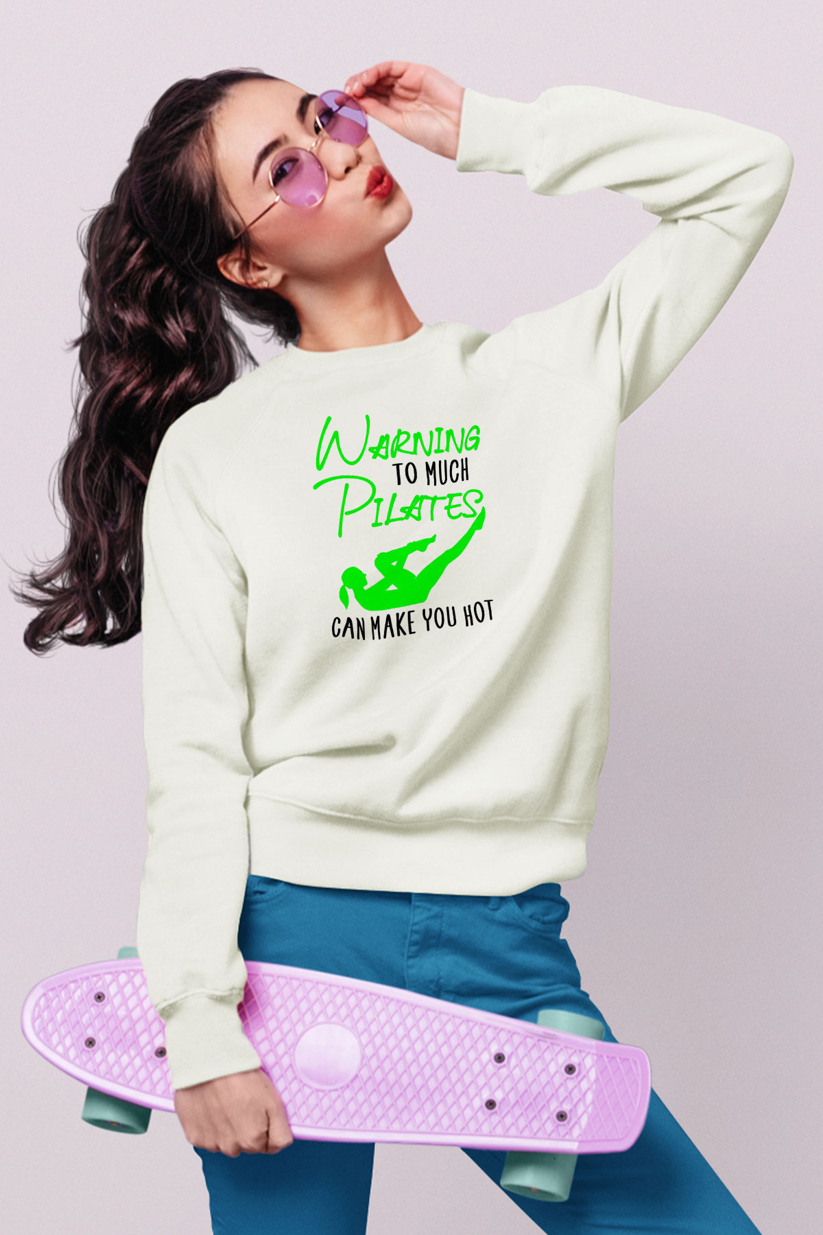 Pilates Baskılı Unisex Ekru Sweatshirt