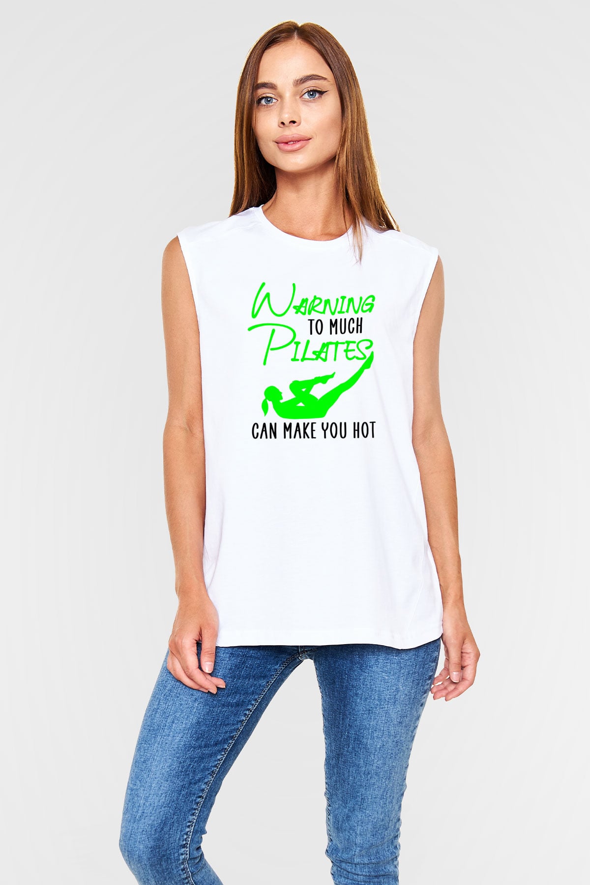 Pilates Baskılı Unisex Kolsuz Beyaz Tişört