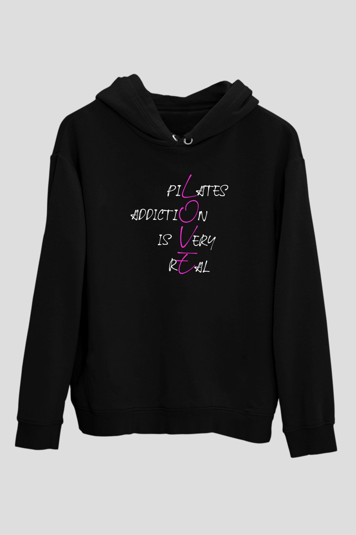 Pilates Baskılı Unisex Siyah Kapüşonlu Sweatshirt
