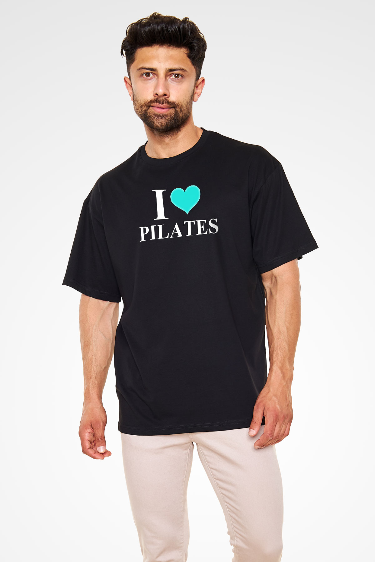 Pilates Baskılı Unisex Siyah Oversize Tişört