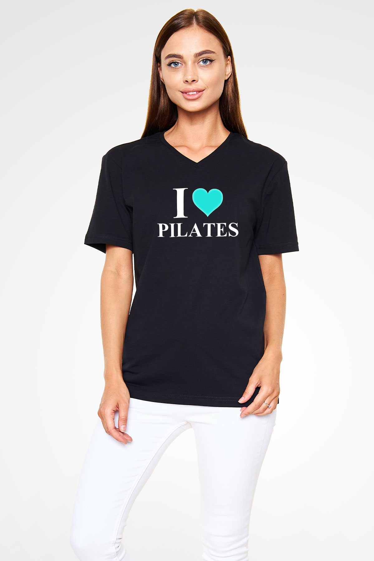 Pilates Baskılı Unisex Siyah V Yaka Tişört