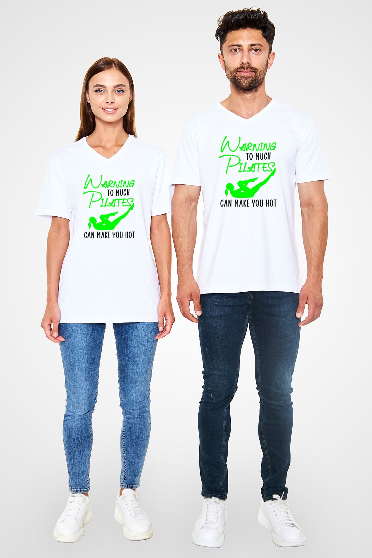 Pilates Baskılı Unisex V Yaka Tişört - Tshirt