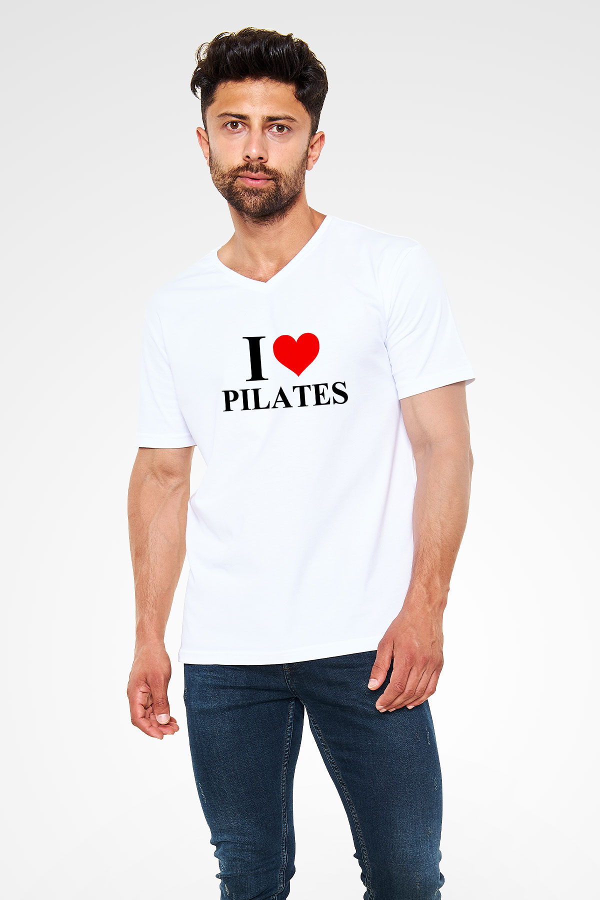 Pilates Baskılı Unisex V Yaka Tişört - Tshirt