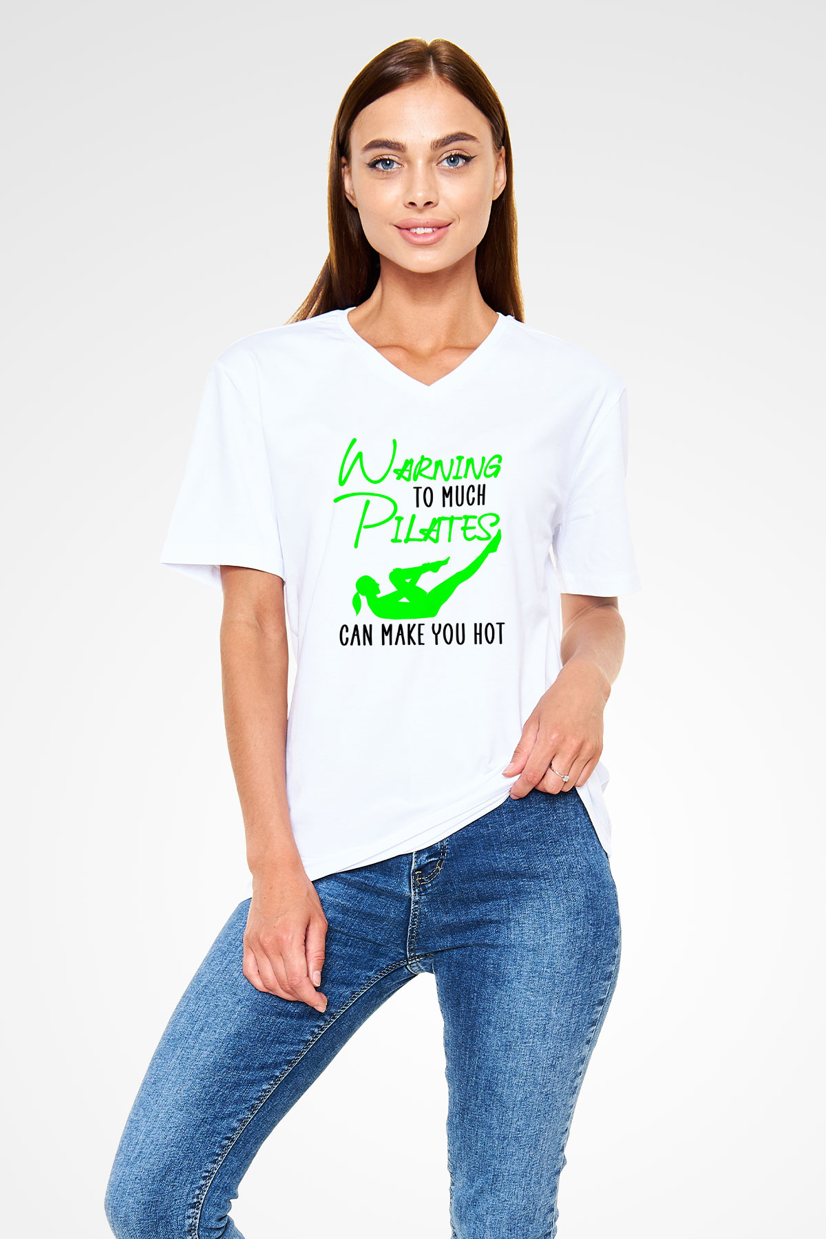 Pilates Baskılı Unisex V Yaka Tişört - Tshirt