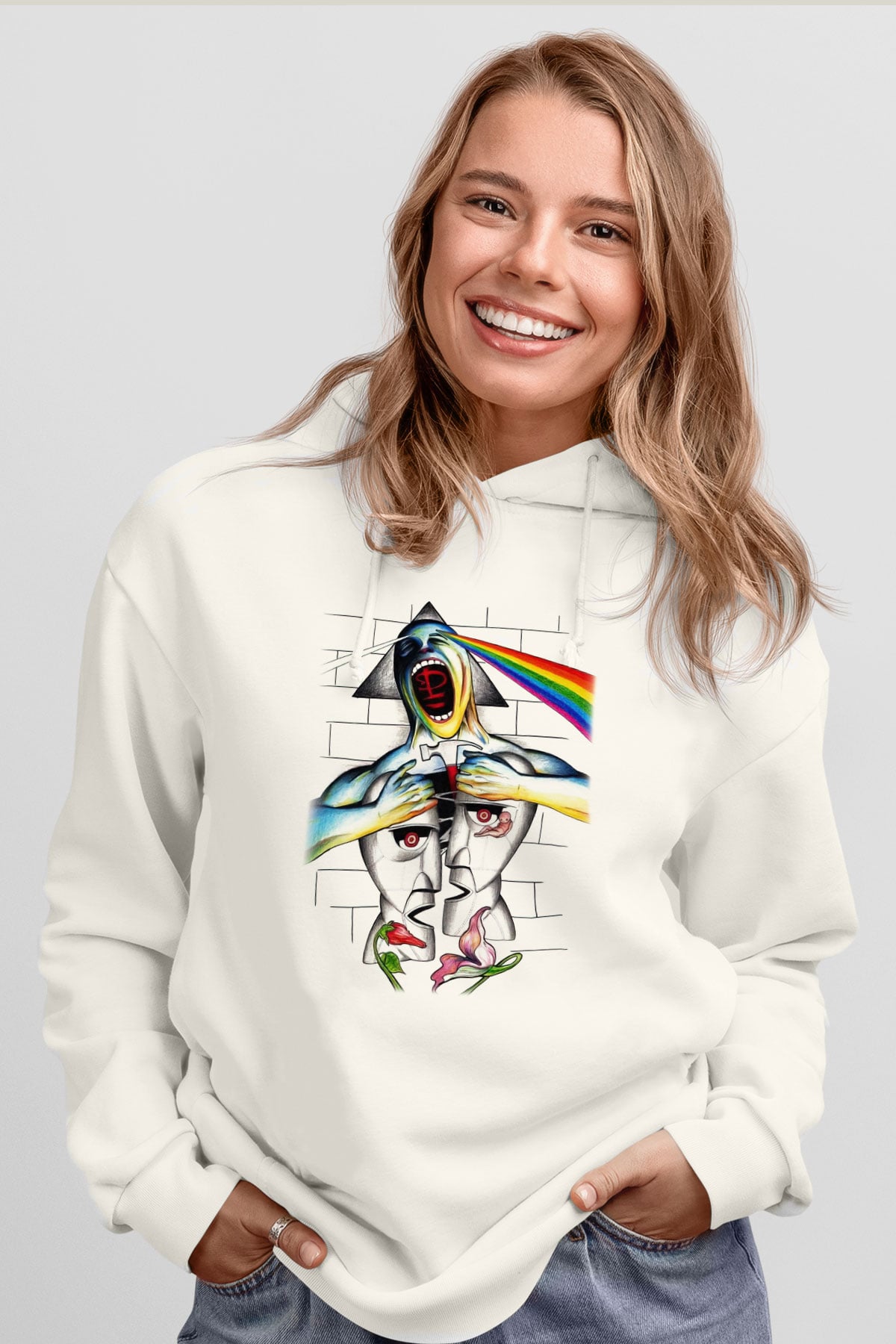 Pink Floyd Beyaz Unisex Kapşonlu Sweatshirt