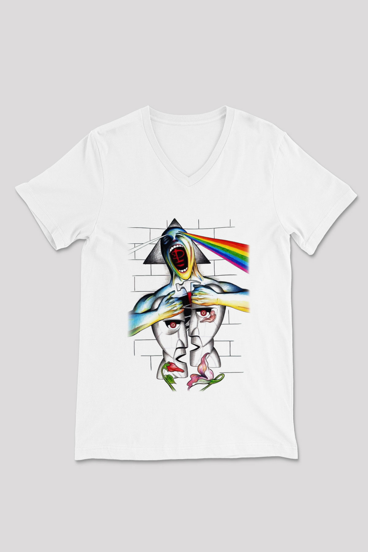 Pink Floyd Beyaz Unisex V Yaka Tişört T-Shirt