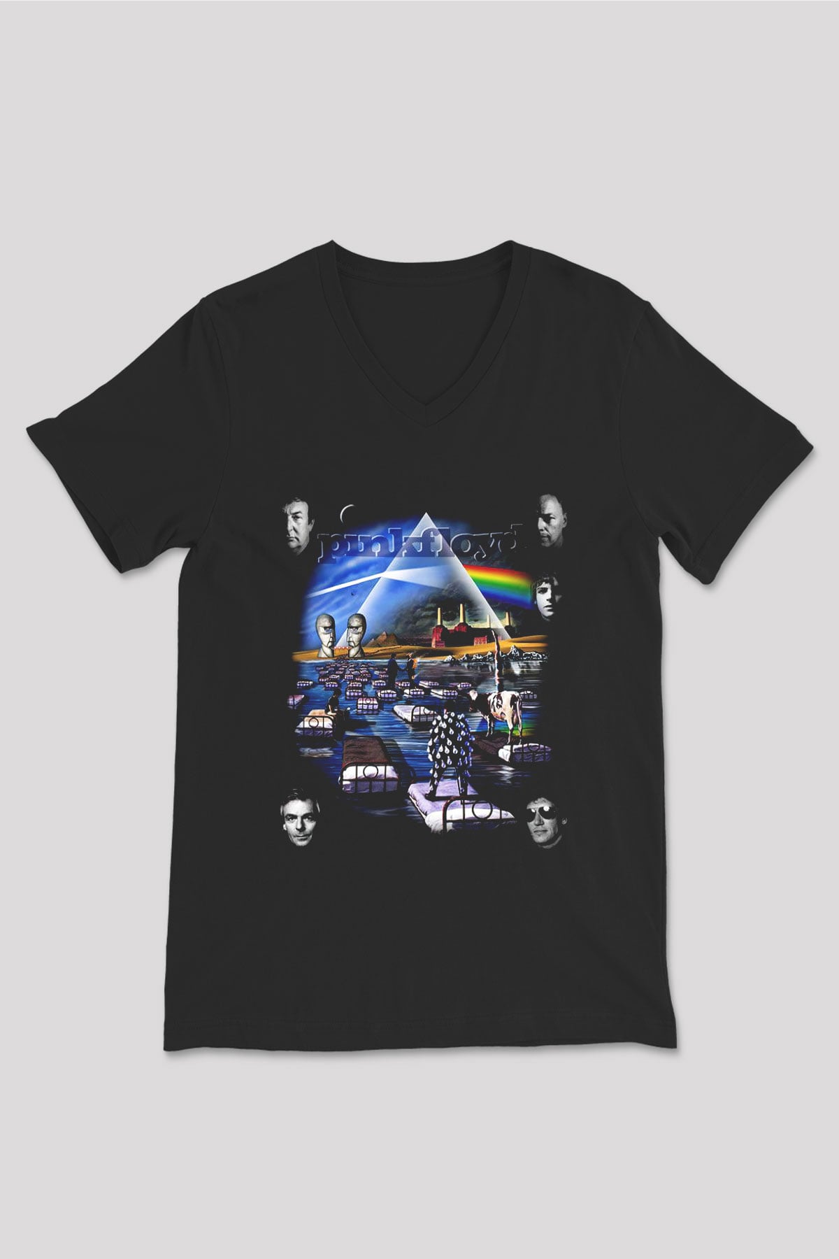 Pink Floyd Siyah Unisex V Yaka Tişört T-Shirt