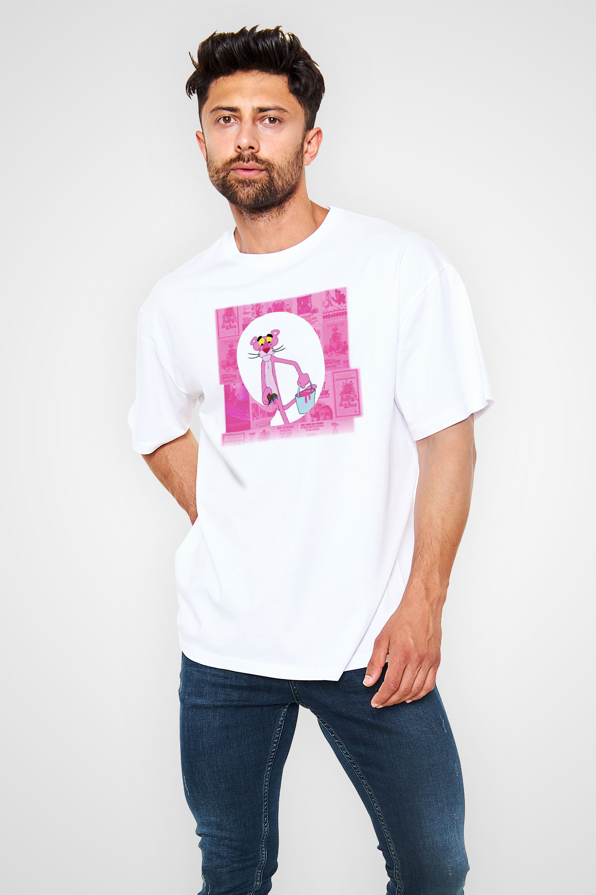Pink Panther Beyaz Unisex Oversize Tişört