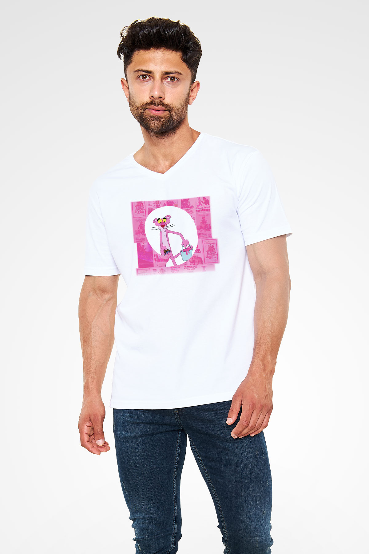 Pink Panther Beyaz Unisex V Yaka Tişört