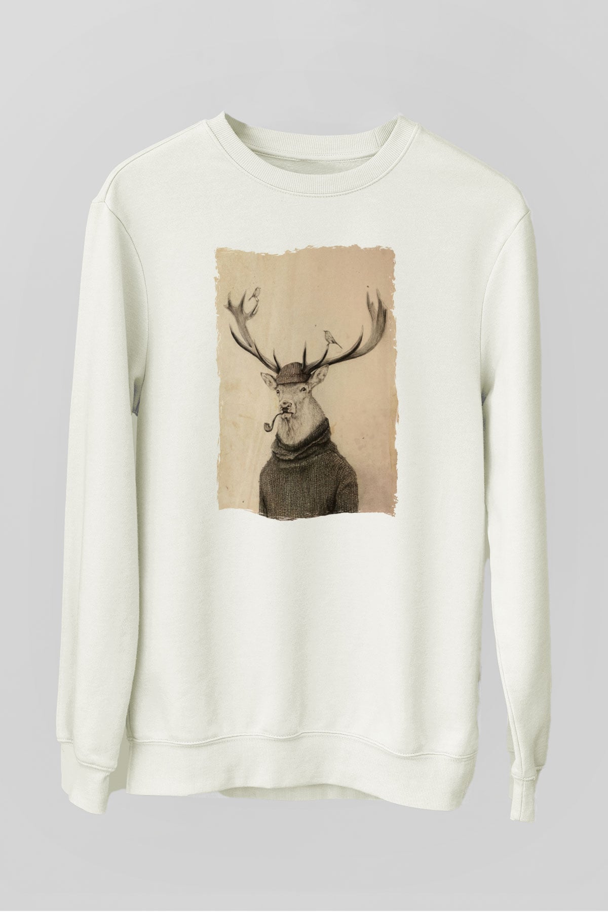 Pipo İçen Geyik Baskılı Unisex Beyaz  Sweatshirt