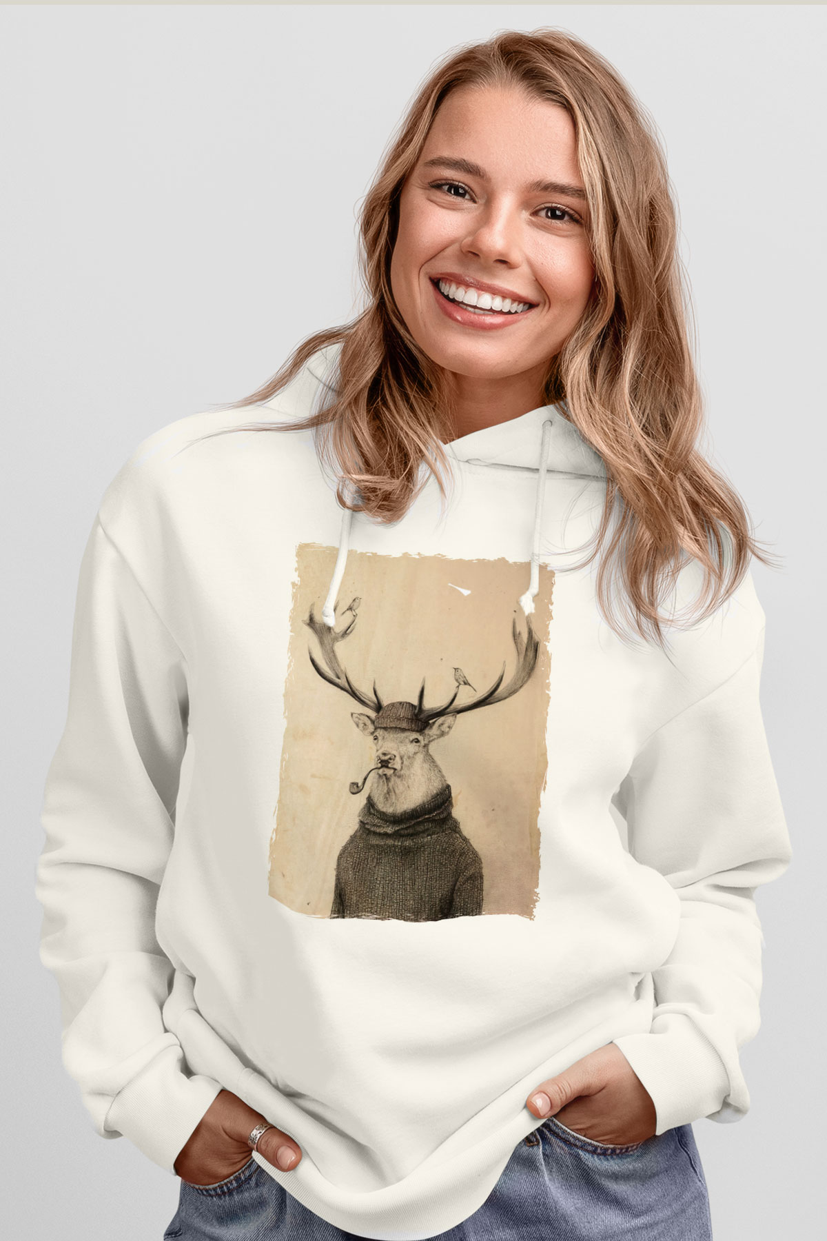 Pipo İçen GeyikBeyaz  Unisex Hoodie