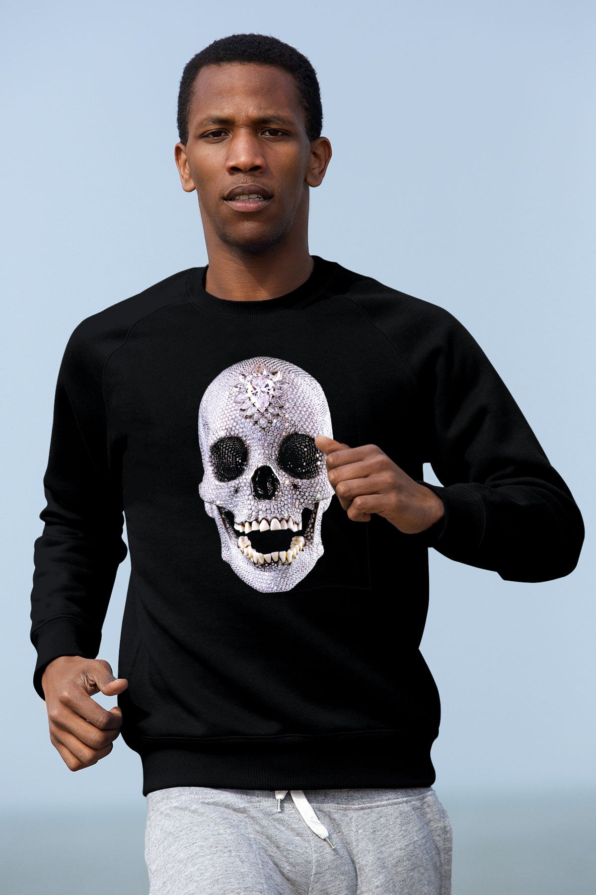 Pırlanta Taşlı Kurukafa Baskılı Unisex Siyah Sweatshirt