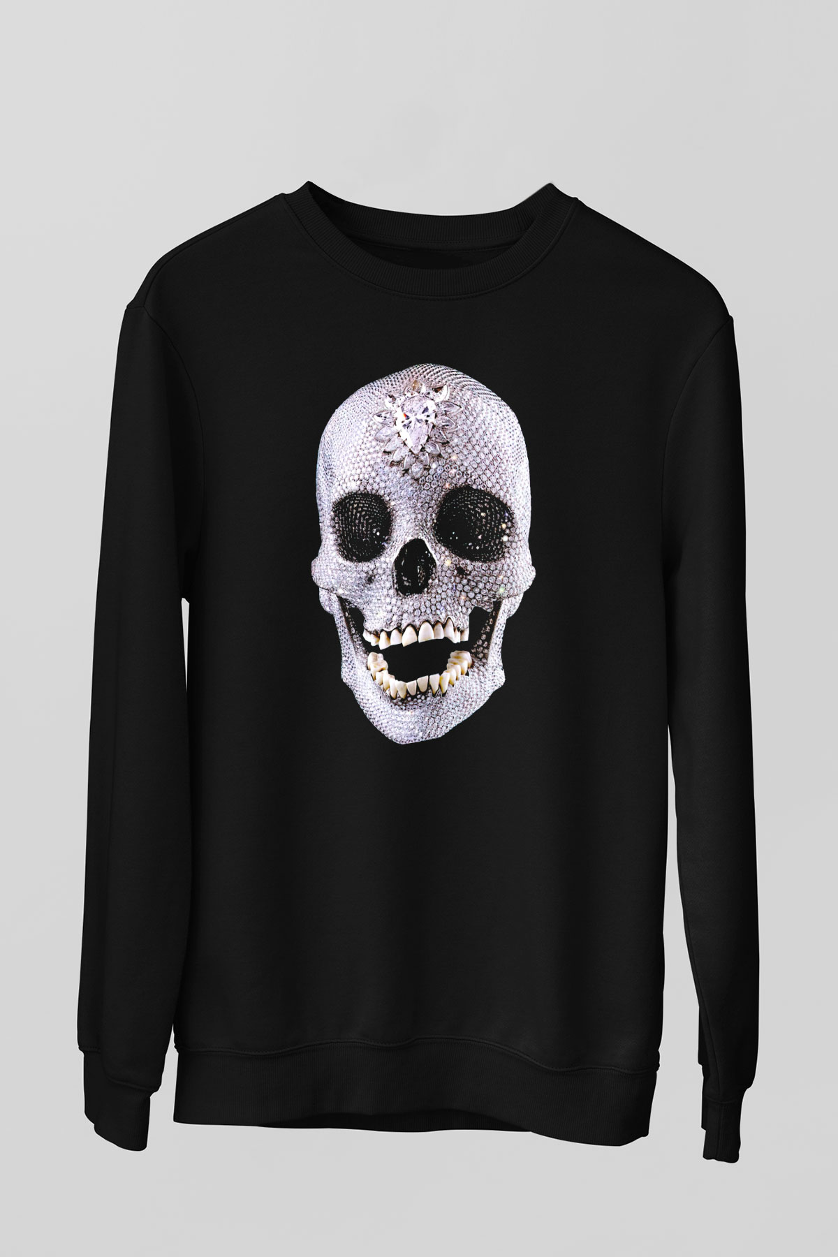 Pırlanta Taşlı Kurukafa Baskılı Unisex Siyah Sweatshirt