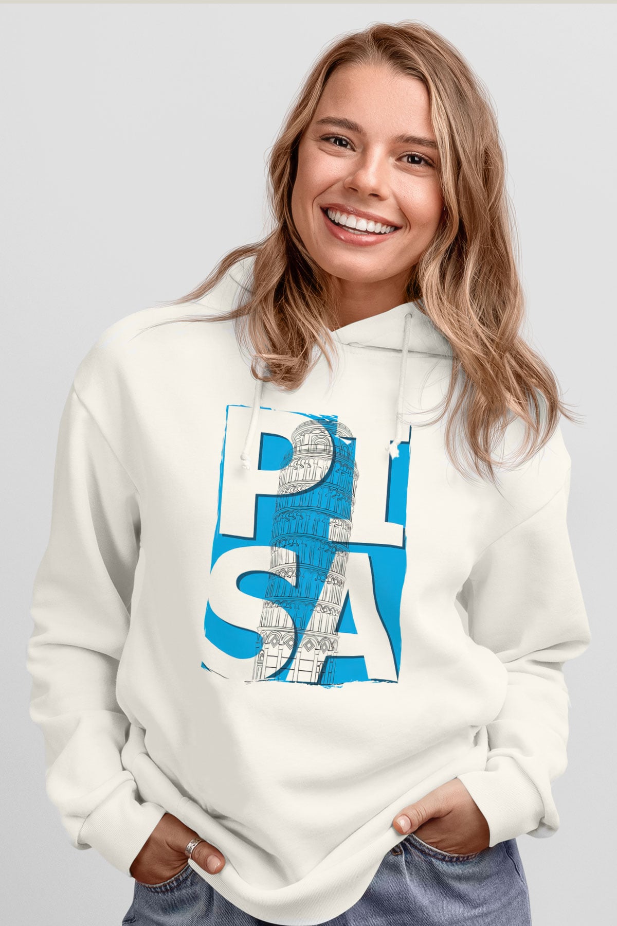 Pisa Kulesi Beyaz Unisex Hoodie