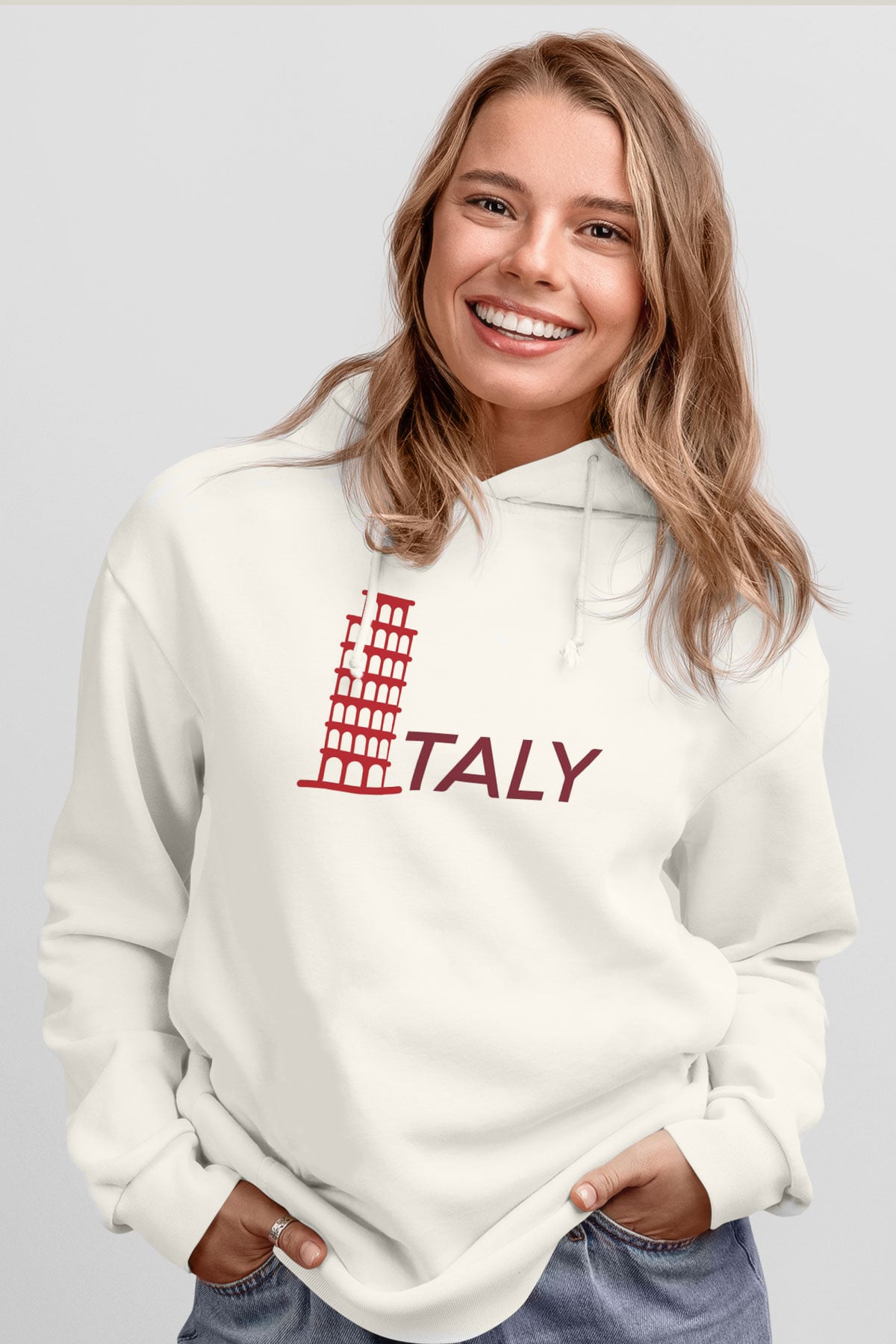 Pisa Kulesi Beyaz Unisex Hoodie
