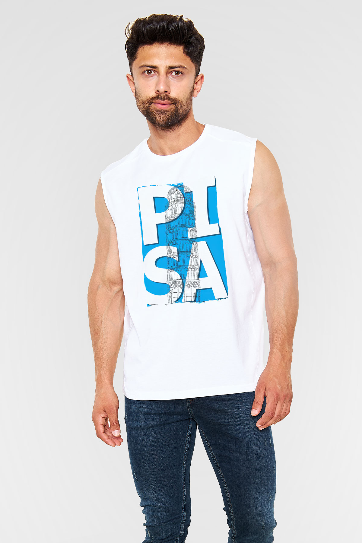 Pisa Kulesi Beyaz Unisex Kolsuz Tişört