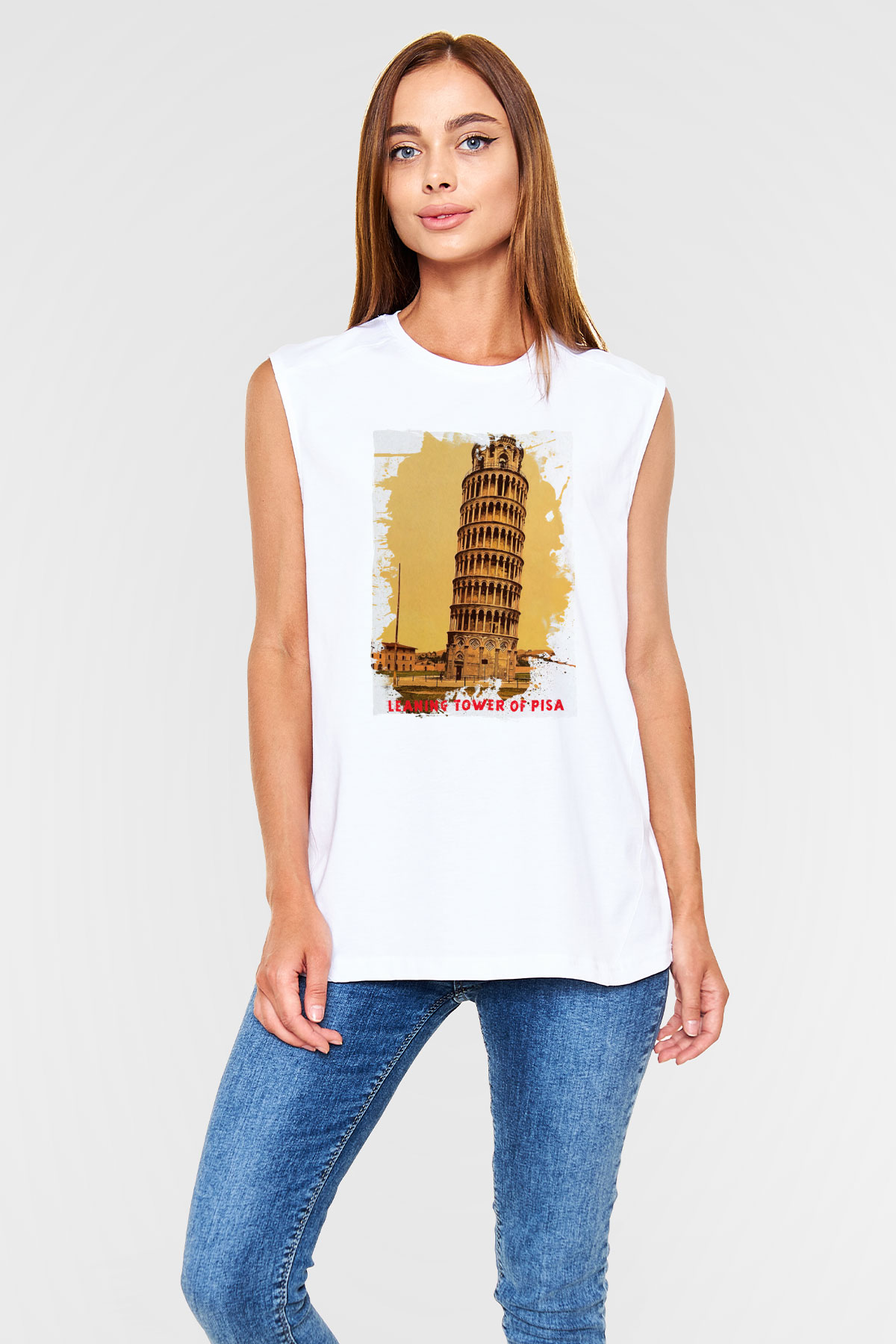Pisa Kulesi Beyaz Unisex Kolsuz Tişört