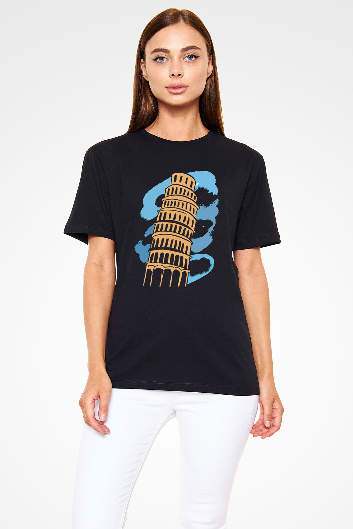 Pisa Kulesi Siyah Unisex Tişört T-Shirt - TişörtFabrikası