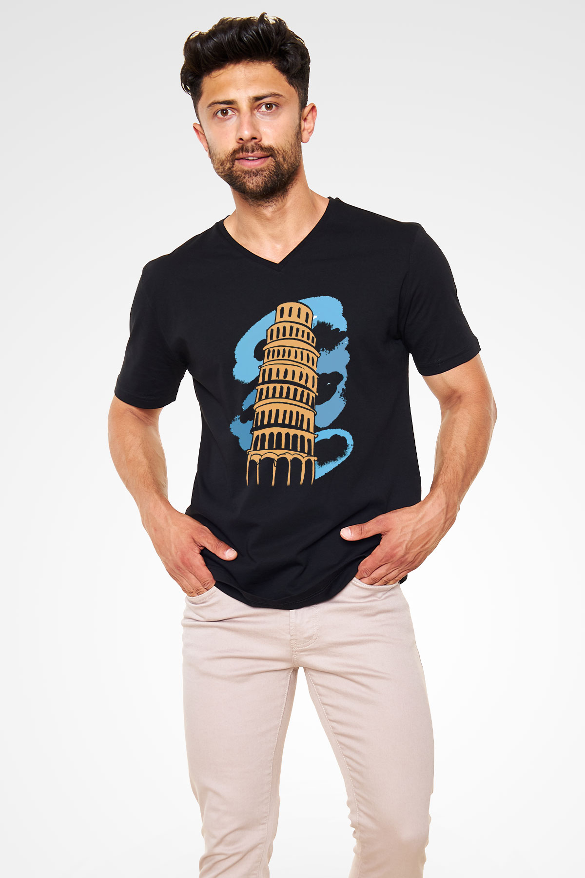 Pisa Kulesi Siyah Unisex V Yaka Tişört T-Shirt
