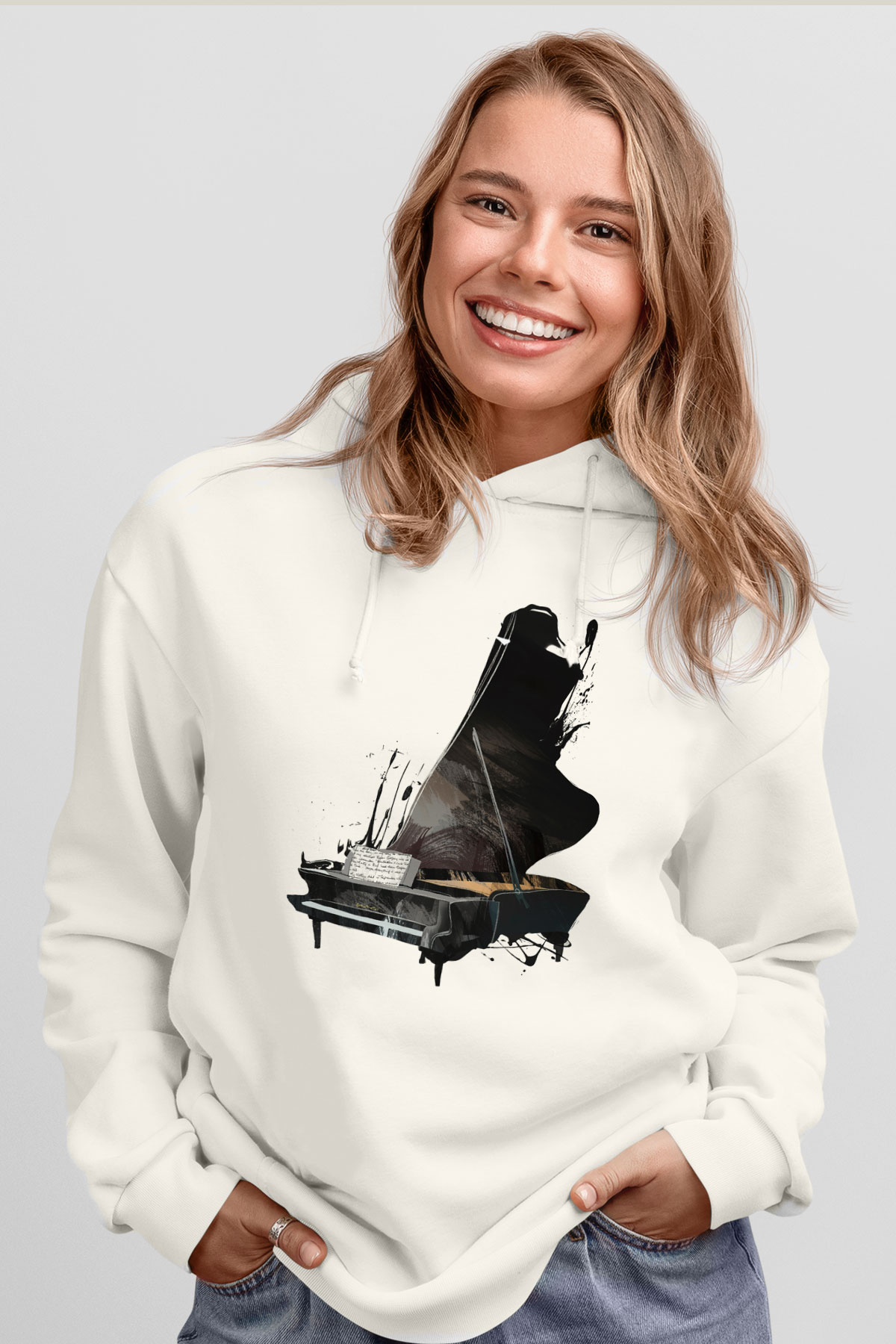 Piyanist Beyaz Unisex Kapşonlu Sweatshirt