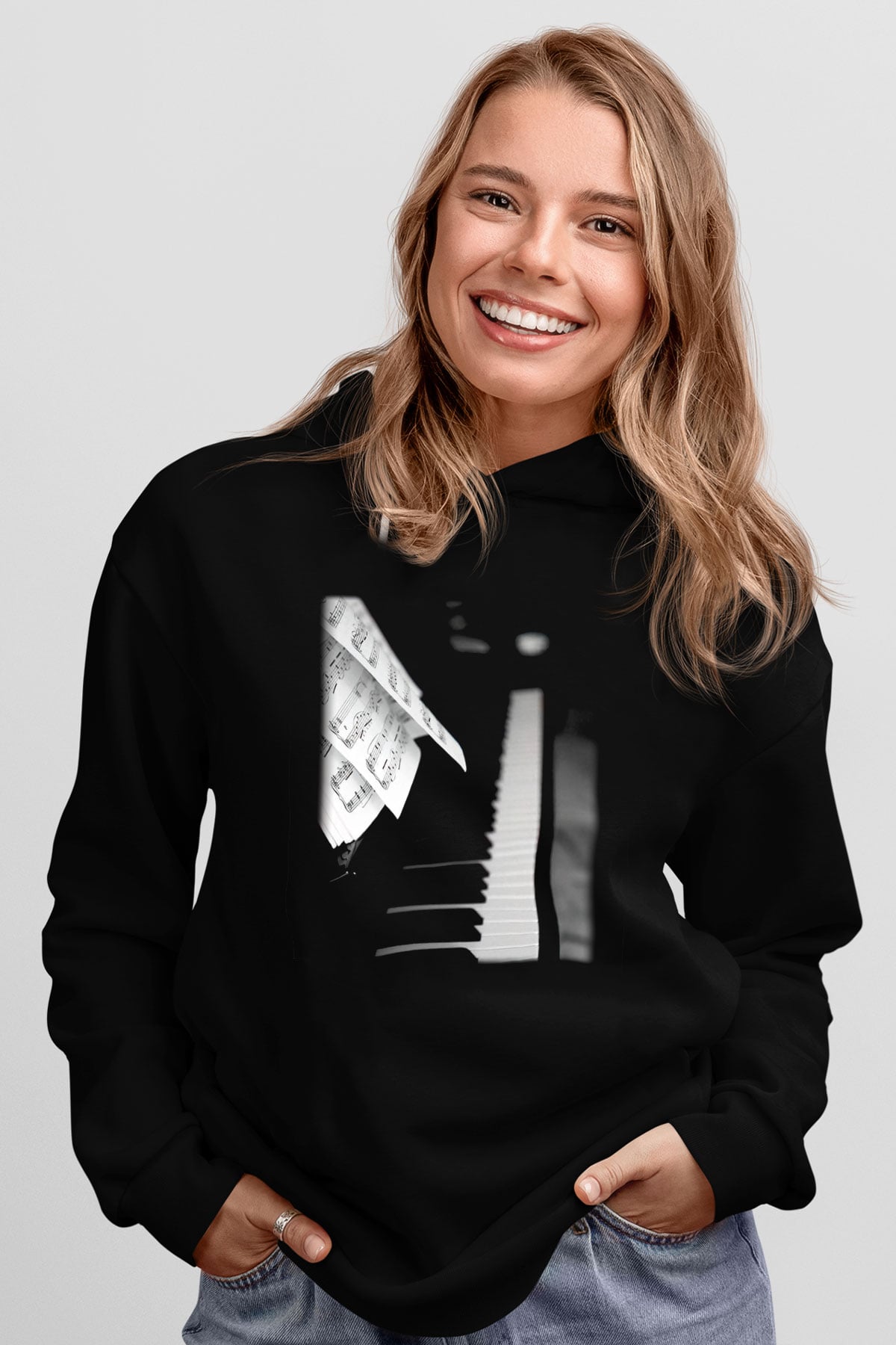 Piyanist Siyah Unisex Kapşonlu Sweatshirt