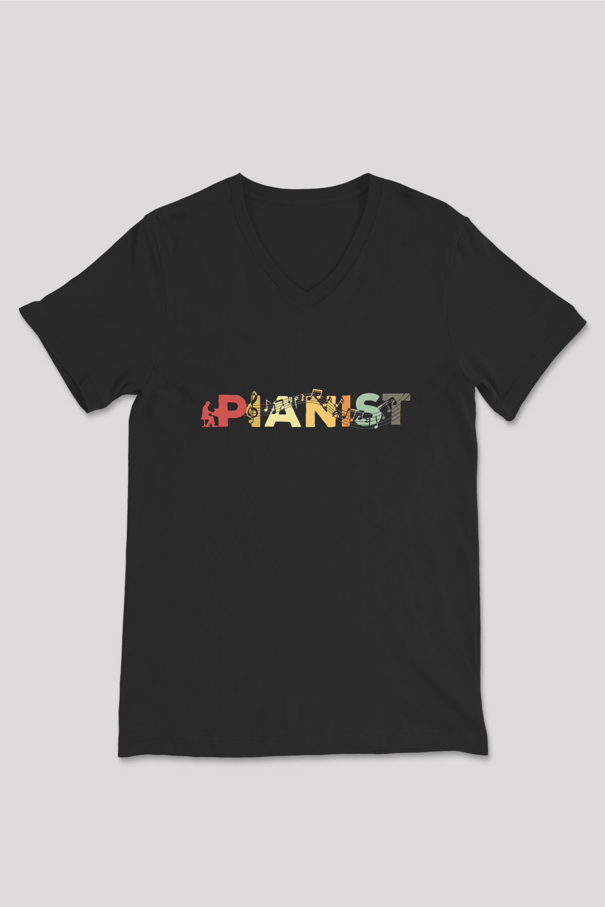 Piyanist Siyah Unisex V Yaka Tişört